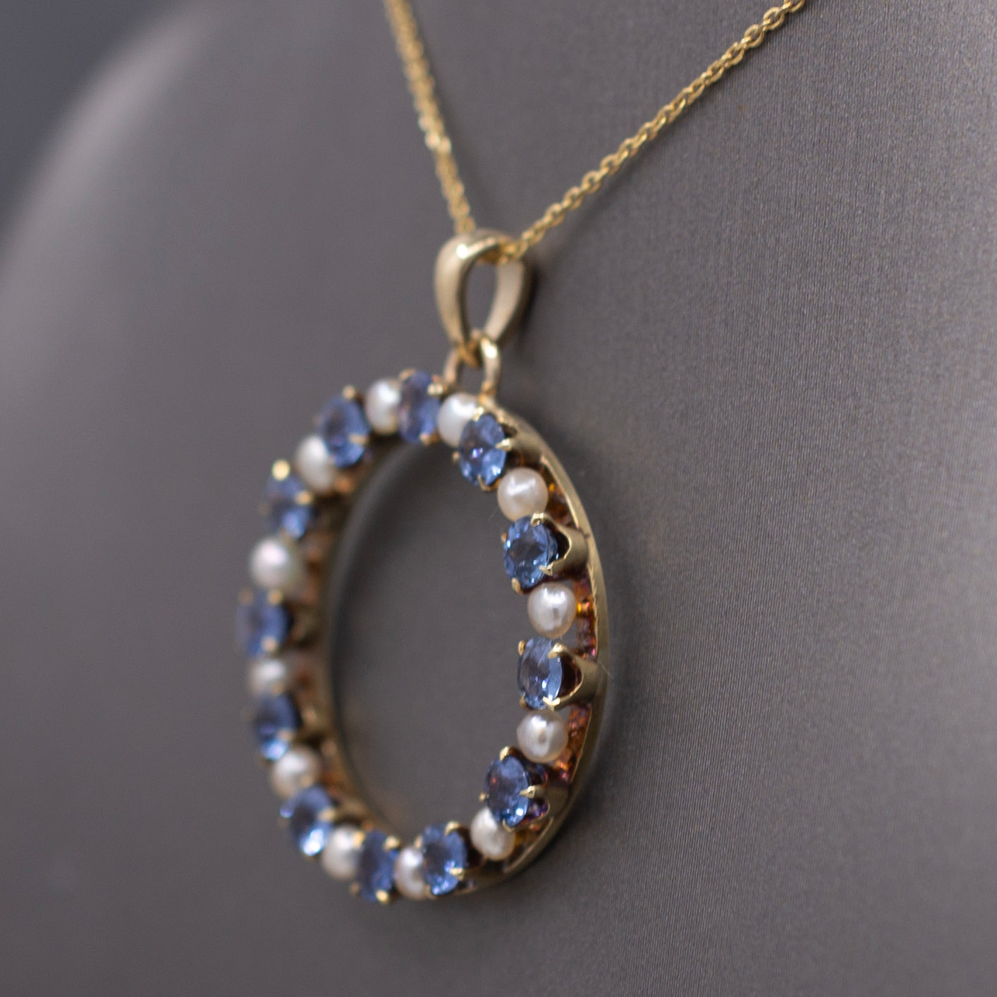 Victorian Yogo Montana Blue Sapphire and Pearl Eternity Pendant on 14k Yellow Gold Chain