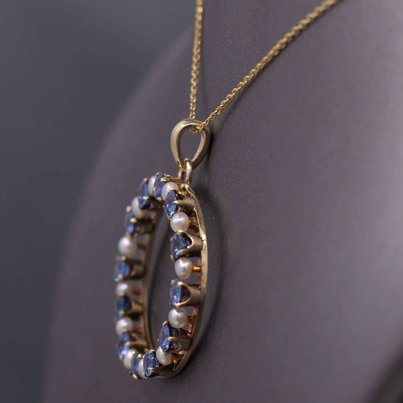 Victorian Yogo Montana Blue Sapphire and Pearl Eternity Pendant on 14k Yellow Gold Chain