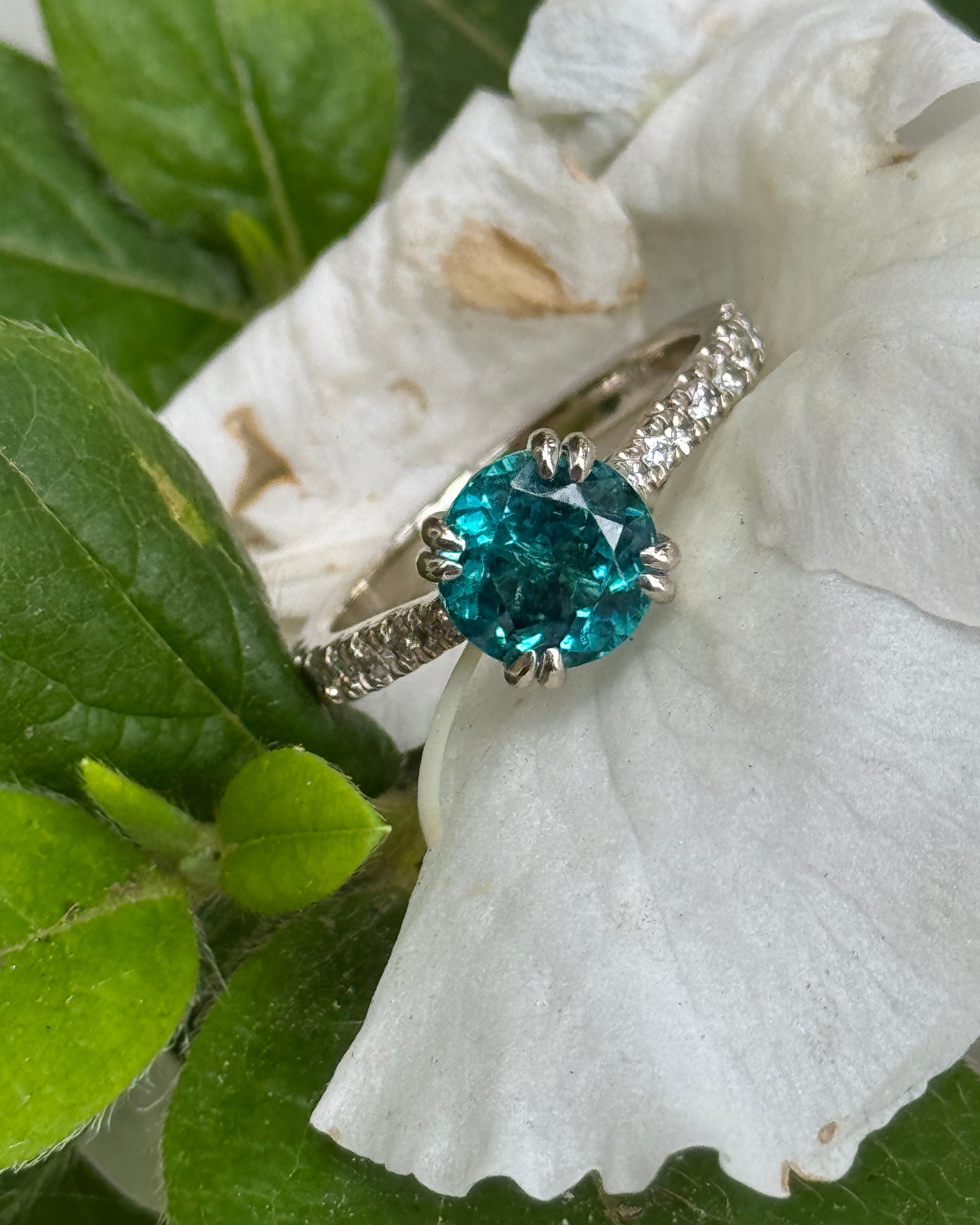 Stunning Natural Teal Blue Apatite and Diamond Ring in 14k White Gold