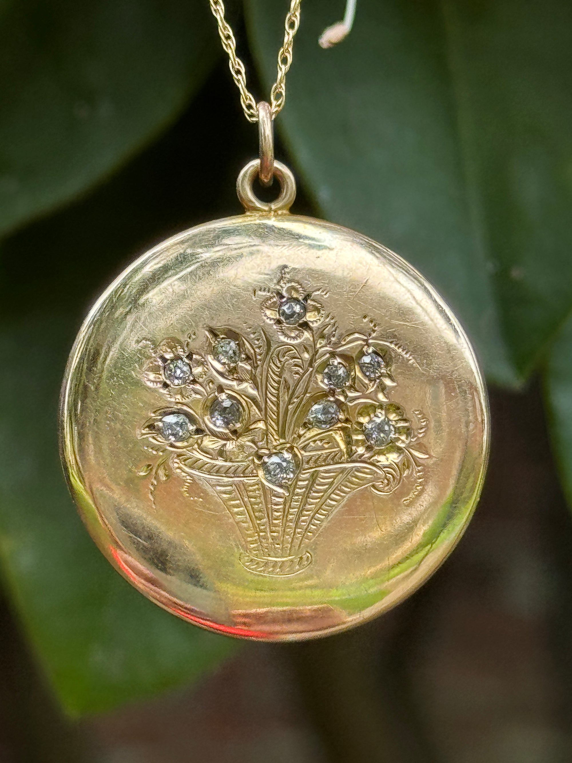 Antique Victorian Old Mine Cut Diamond Flower Basket Pendant Necklace in 14k Yellow Gold