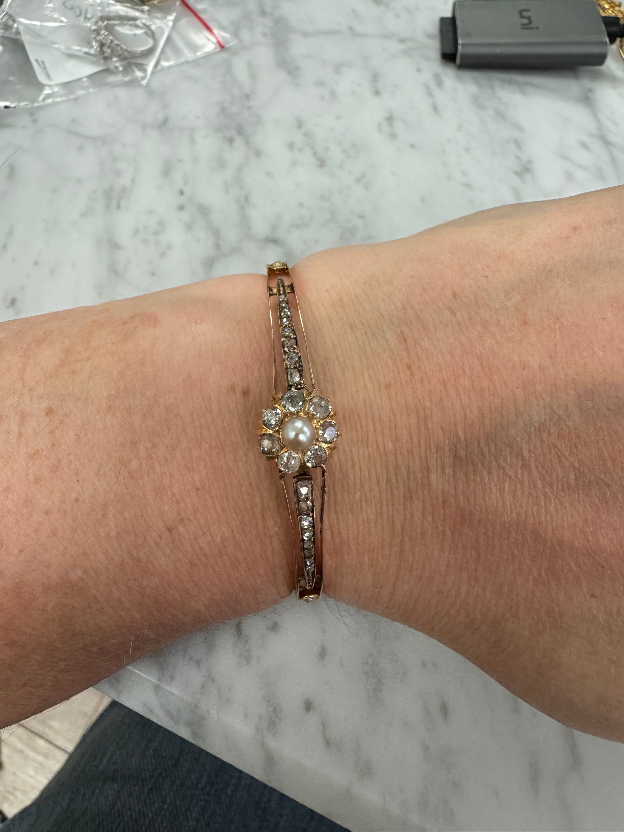 Victorian Dainty Pearl Old Mine & Rose Cut Diamond Bangle Bracelet in 10k Rose Gold