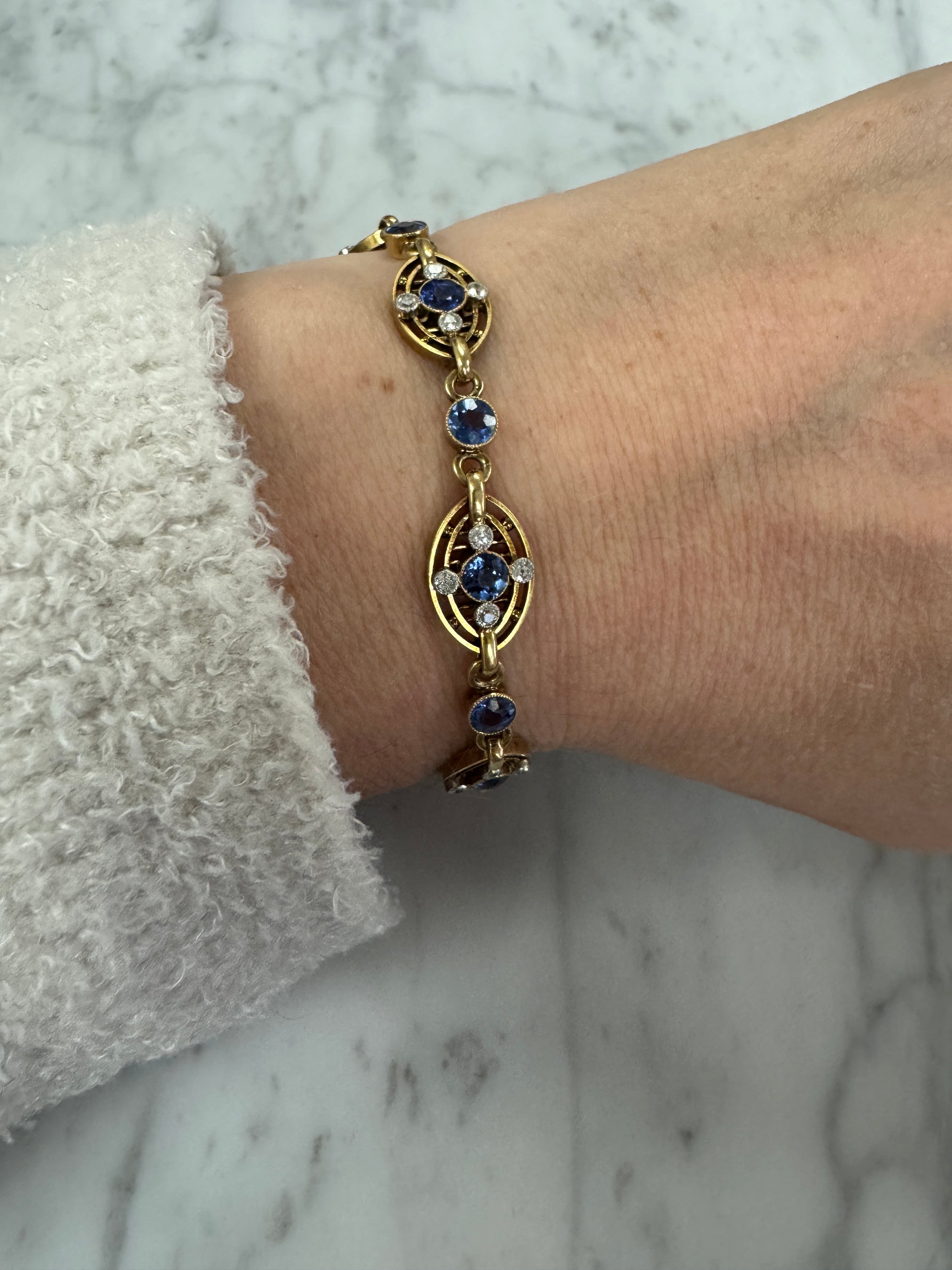 Antique GIA Certified Yogo Blue Sapphire & Old Cut Diamond Bracelet in 14k Yellow Gold
