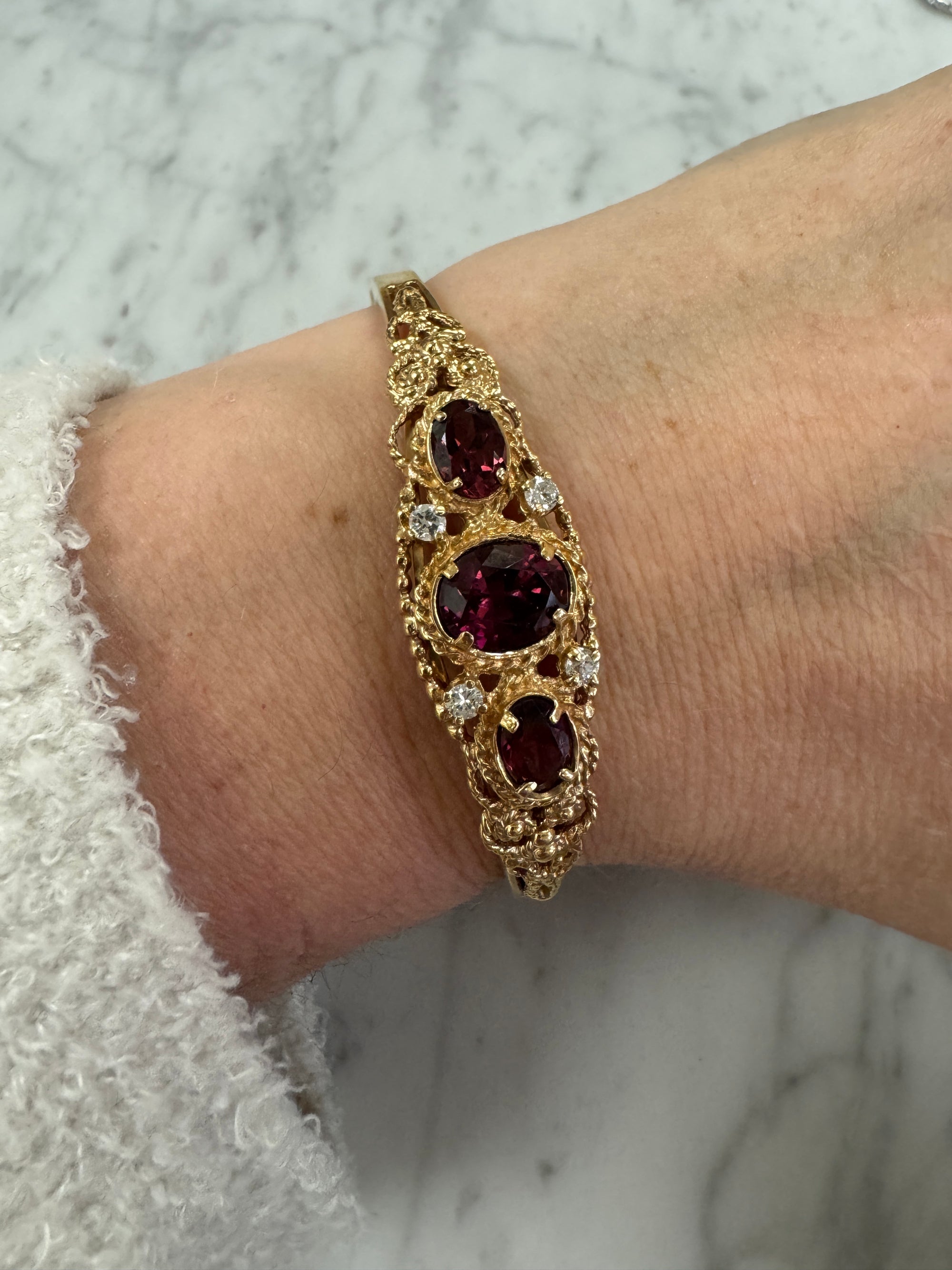 Rhodolite Garnet and Diamond Filigree Bangle Bracelet in 14k Yellow Gold Size Small