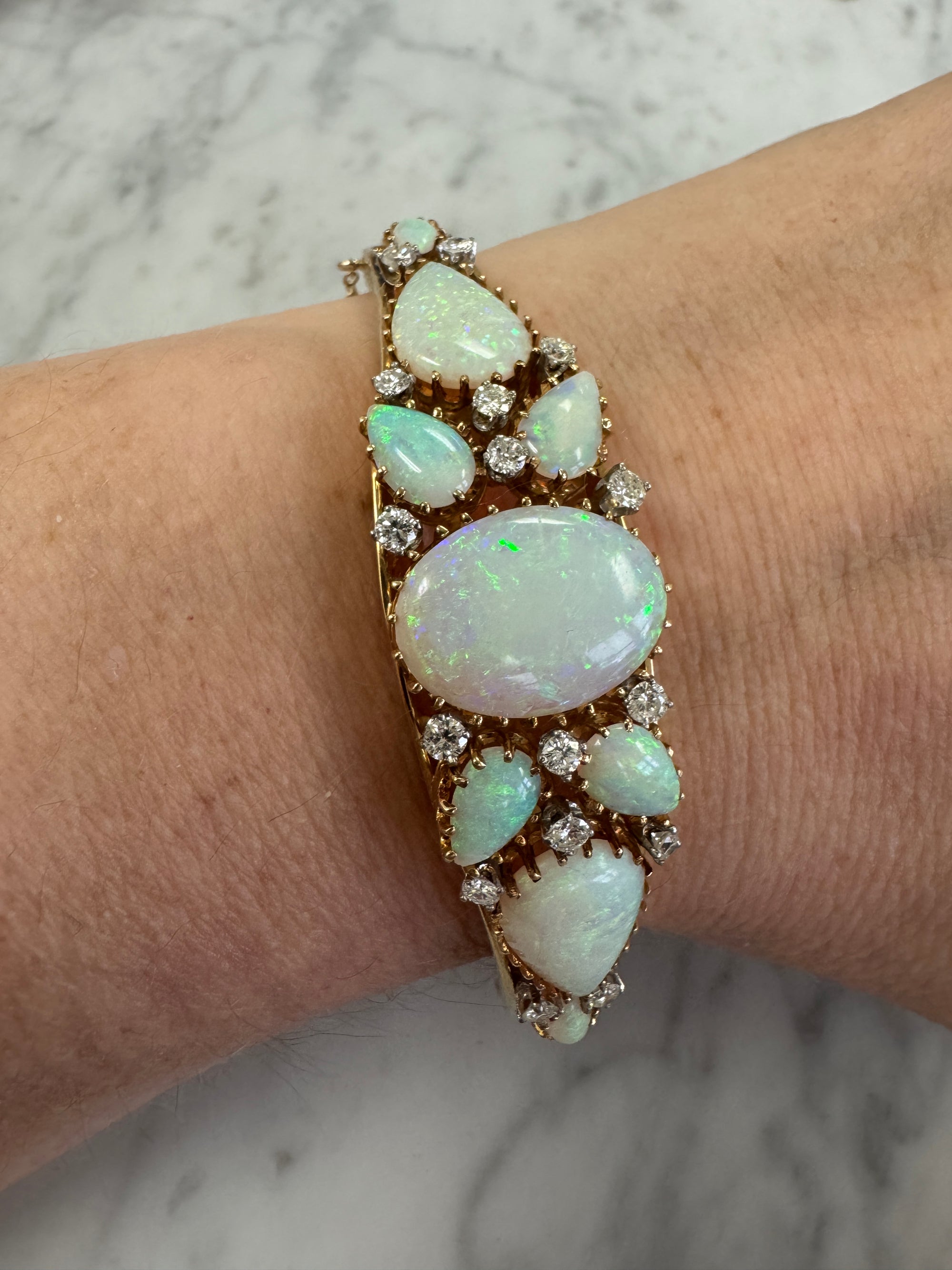 Exquisite Australian Opal and Diamond Bangle Bracelet in 14k Yellow Gold