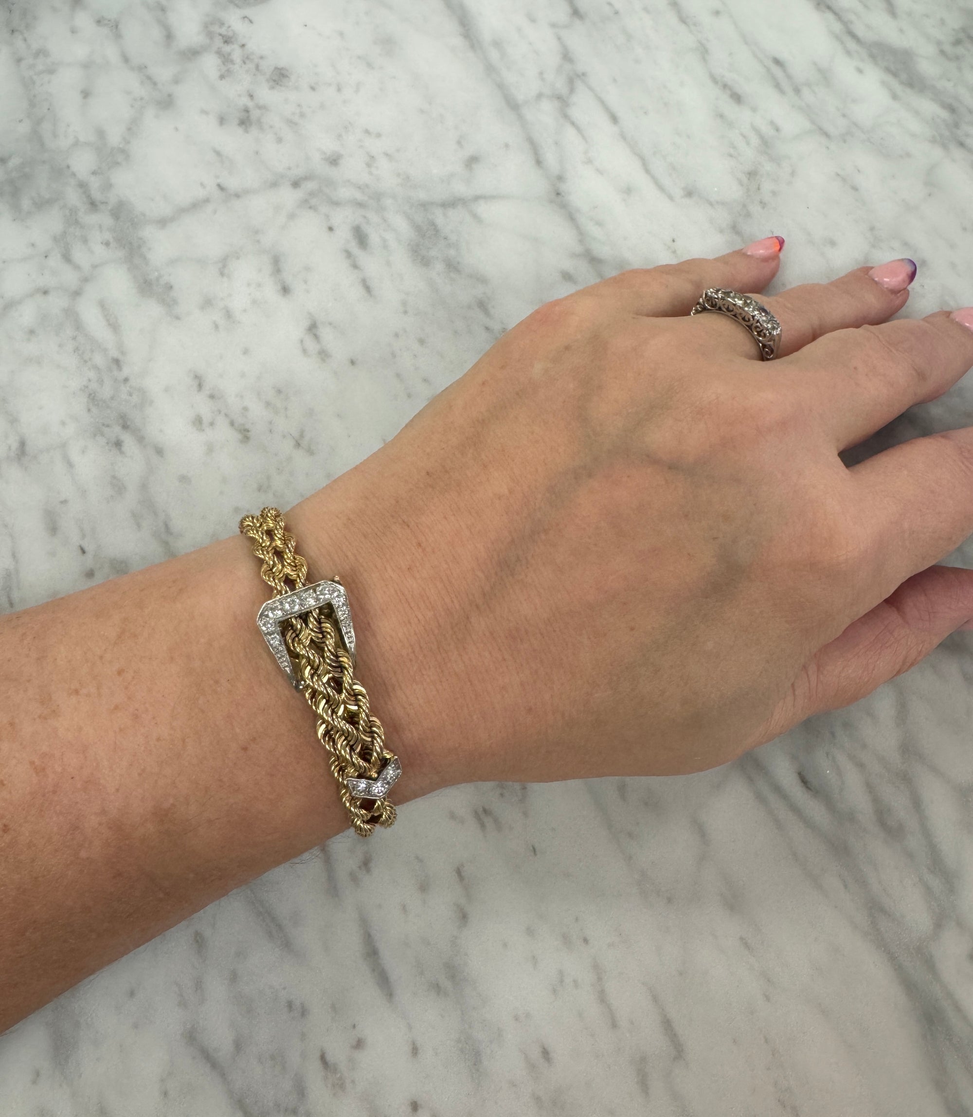 Vintage Diamond Buckle Twisted Rope Bracelet in 14k Yellow Gold