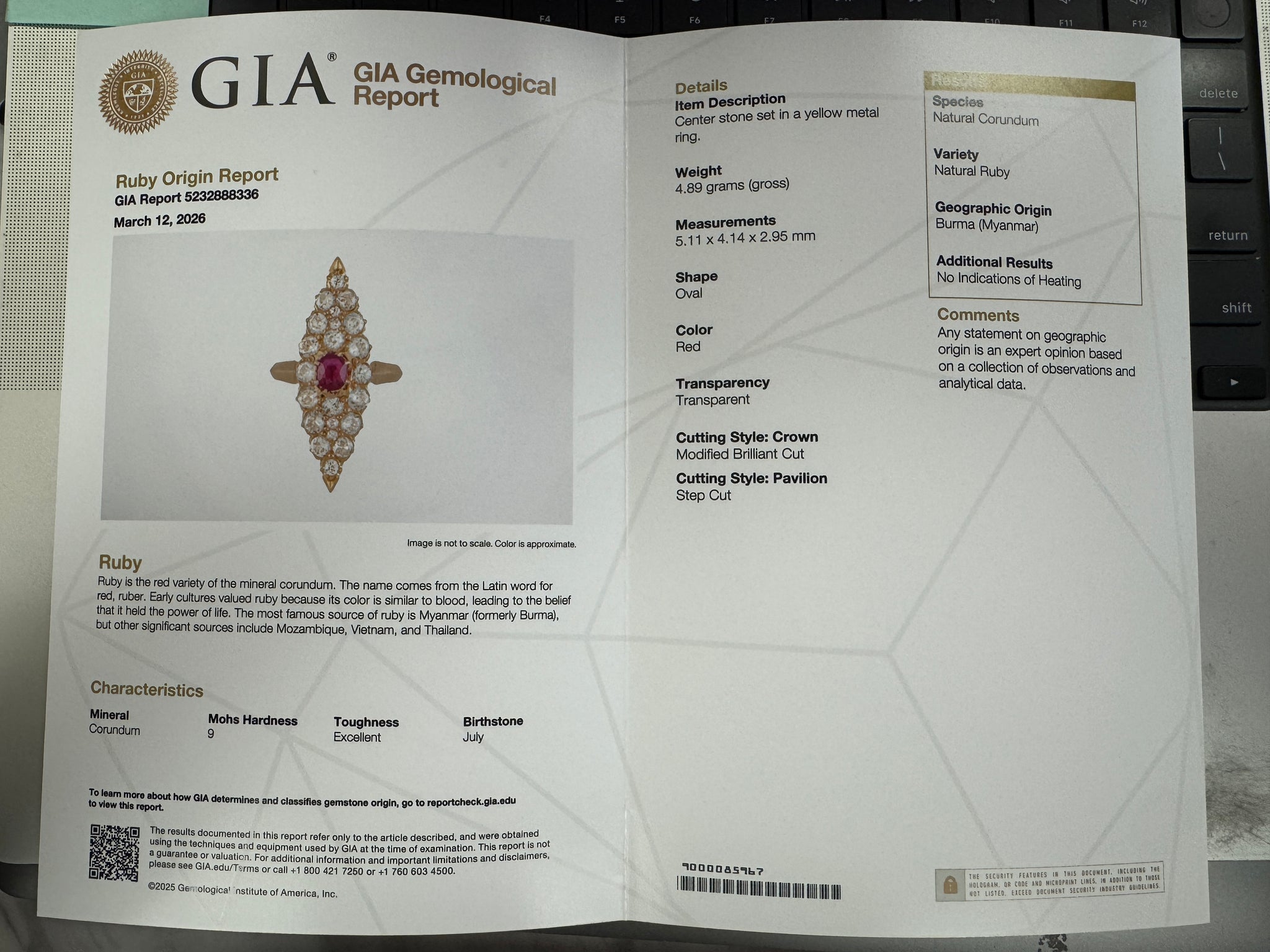 GIA Certified Ruby and Old European Cut Diamond Navette Ring in 14k Yellow Gold