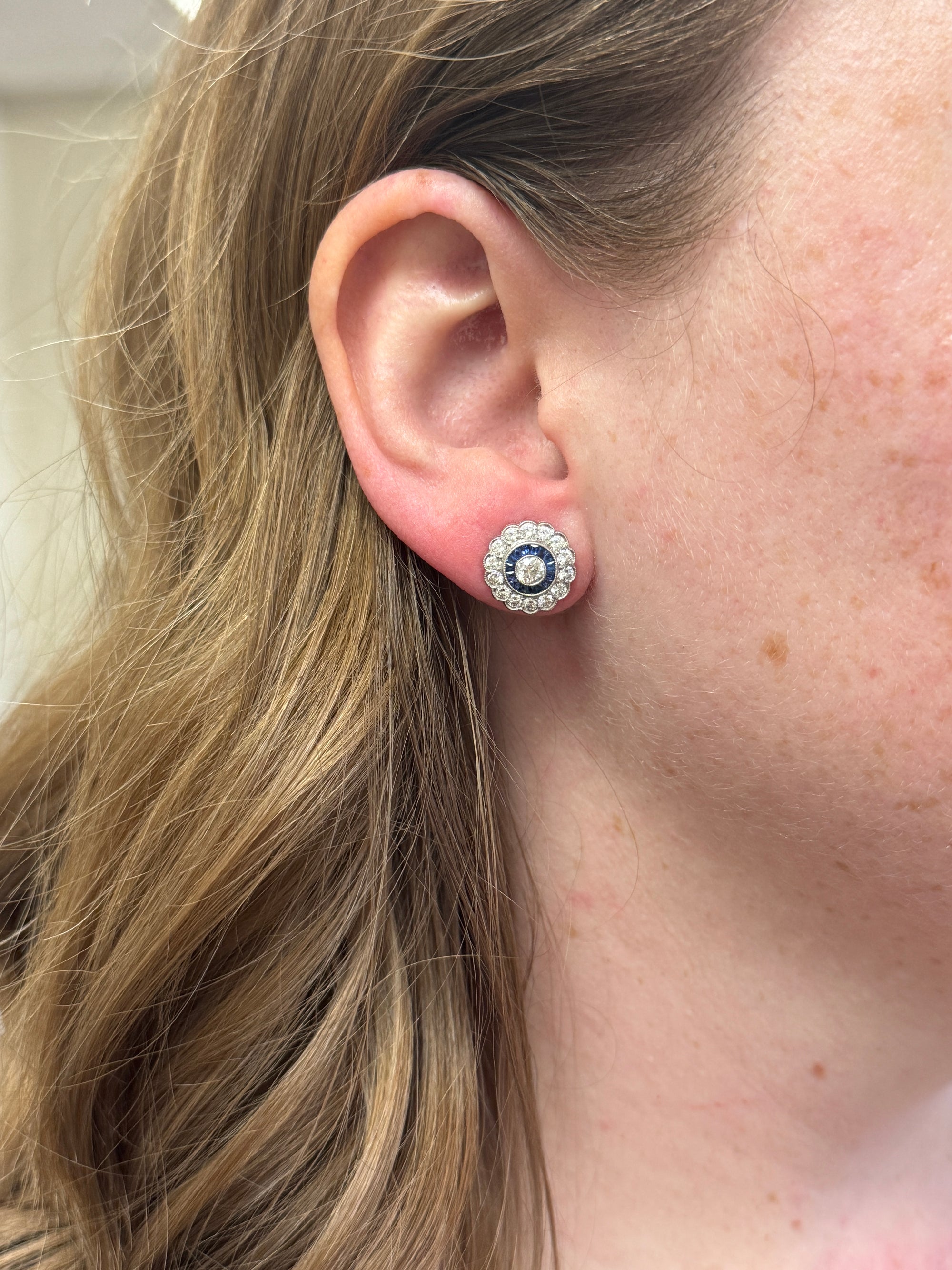 Sparkling Old Mine Cut Diamond and Sapphire Stud Earrings in 14k White Gold