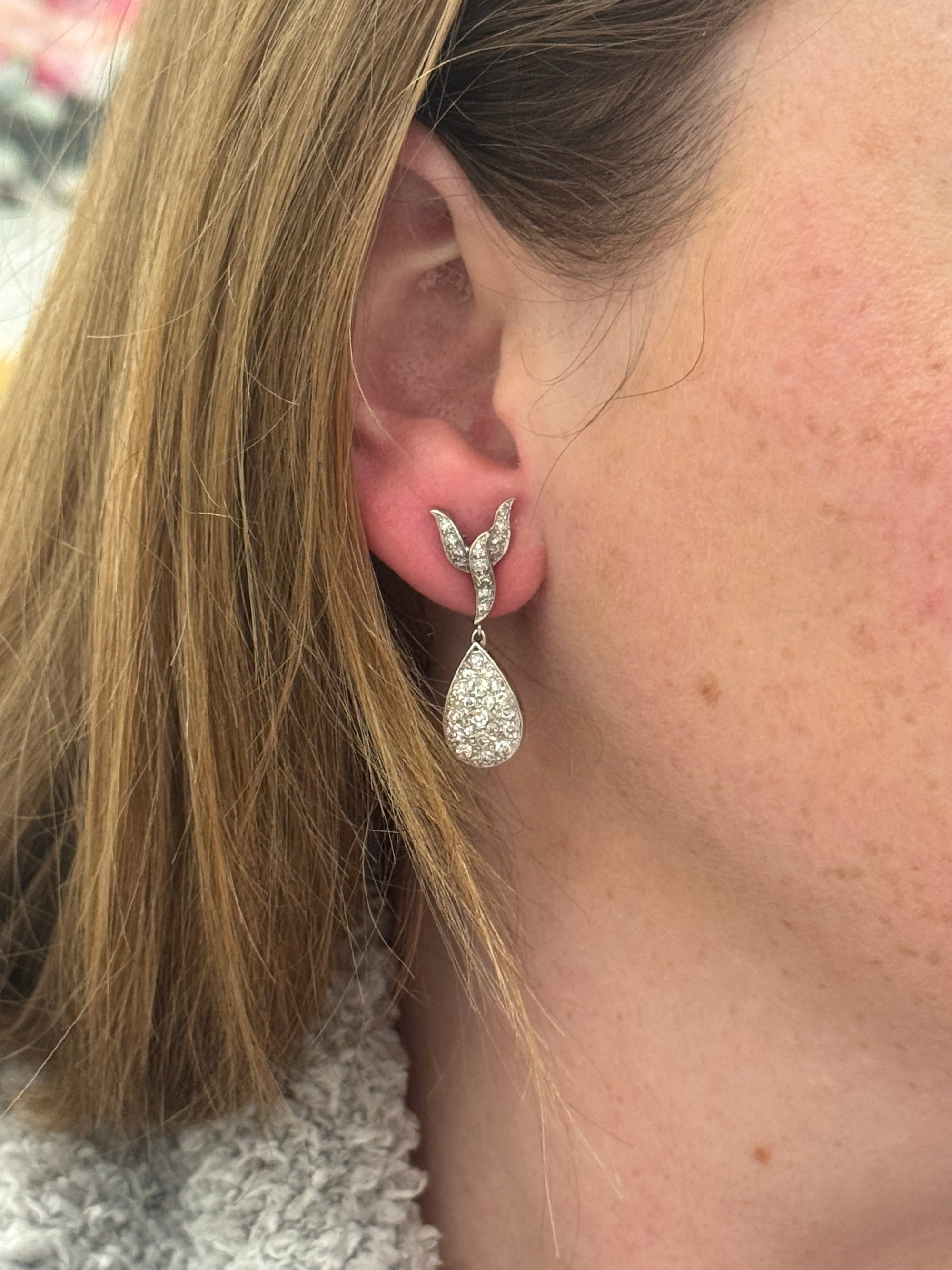 Vintage Pave' Diamond Pear Drop Earrings in 14k White Gold