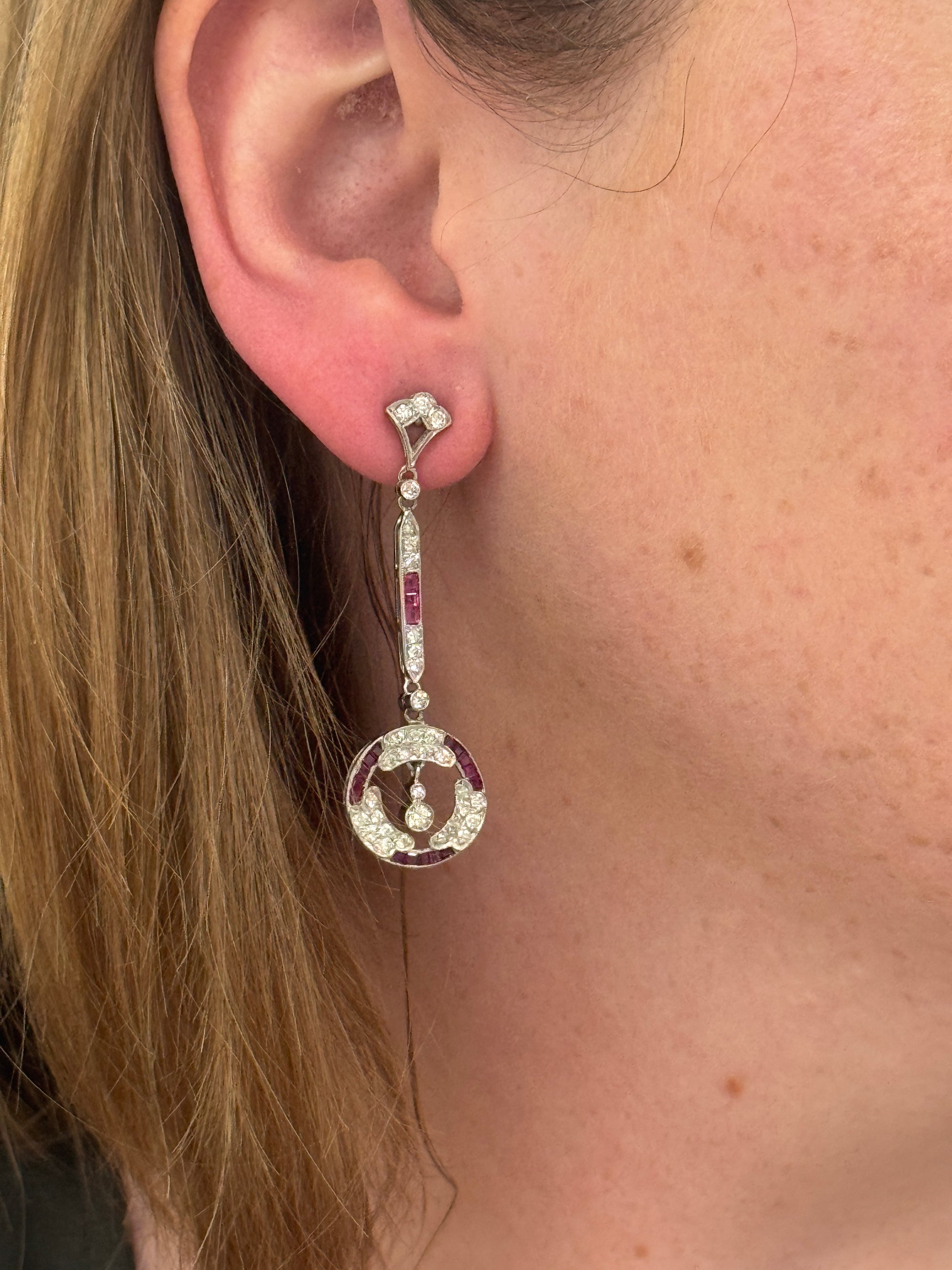 Dazzling Art Deco Old Cut Diamond and Ruby Earrings in Platinum
