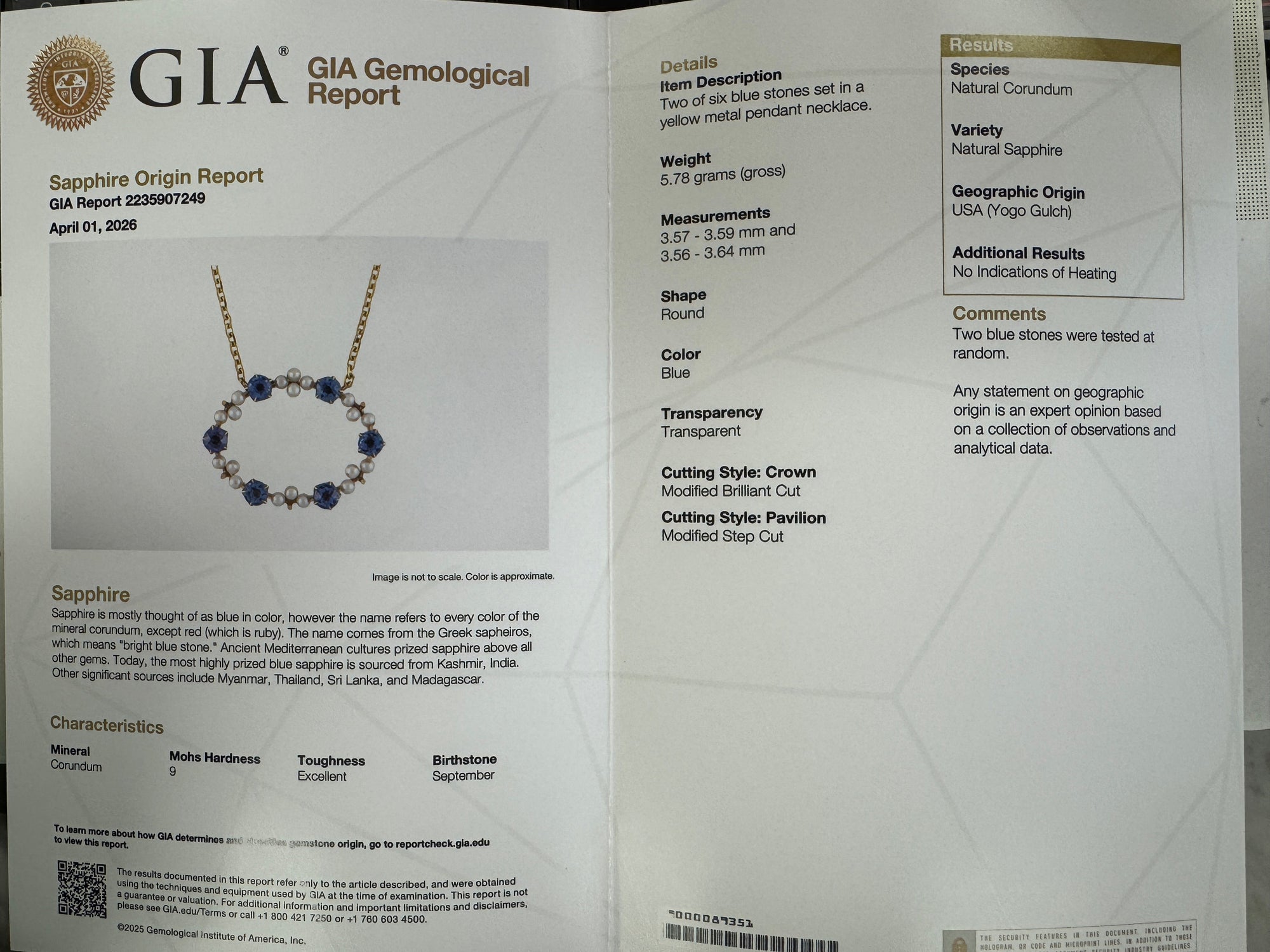 GIA Certified Yogo Blue Montana Sapphire and Pearl Pendant Necklace in 14k Yellow Gold