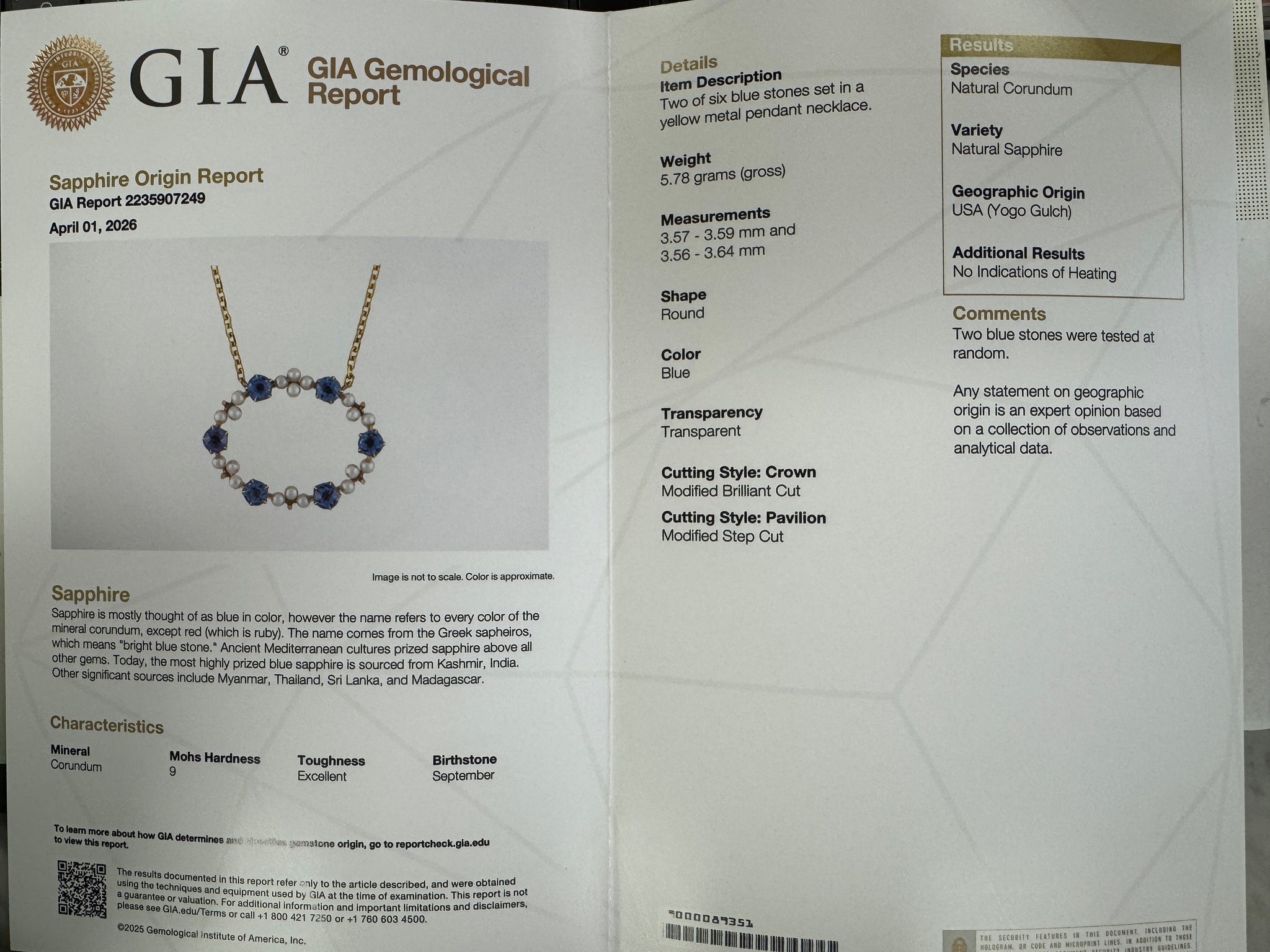 GIA Certified Yogo Blue Montana Sapphire and Pearl Pendant Necklace in 14k Yellow Gold