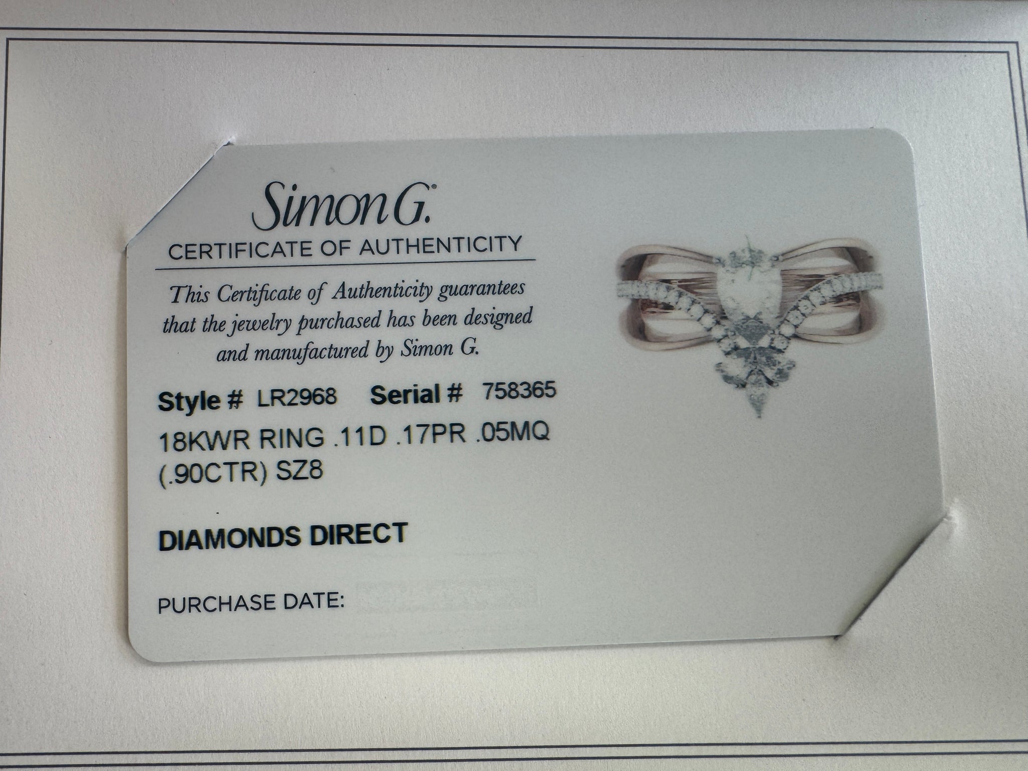 Gorgeous Simon G GIA Certified Pear Cut Diamond Band Ring in 18k Rose Gold