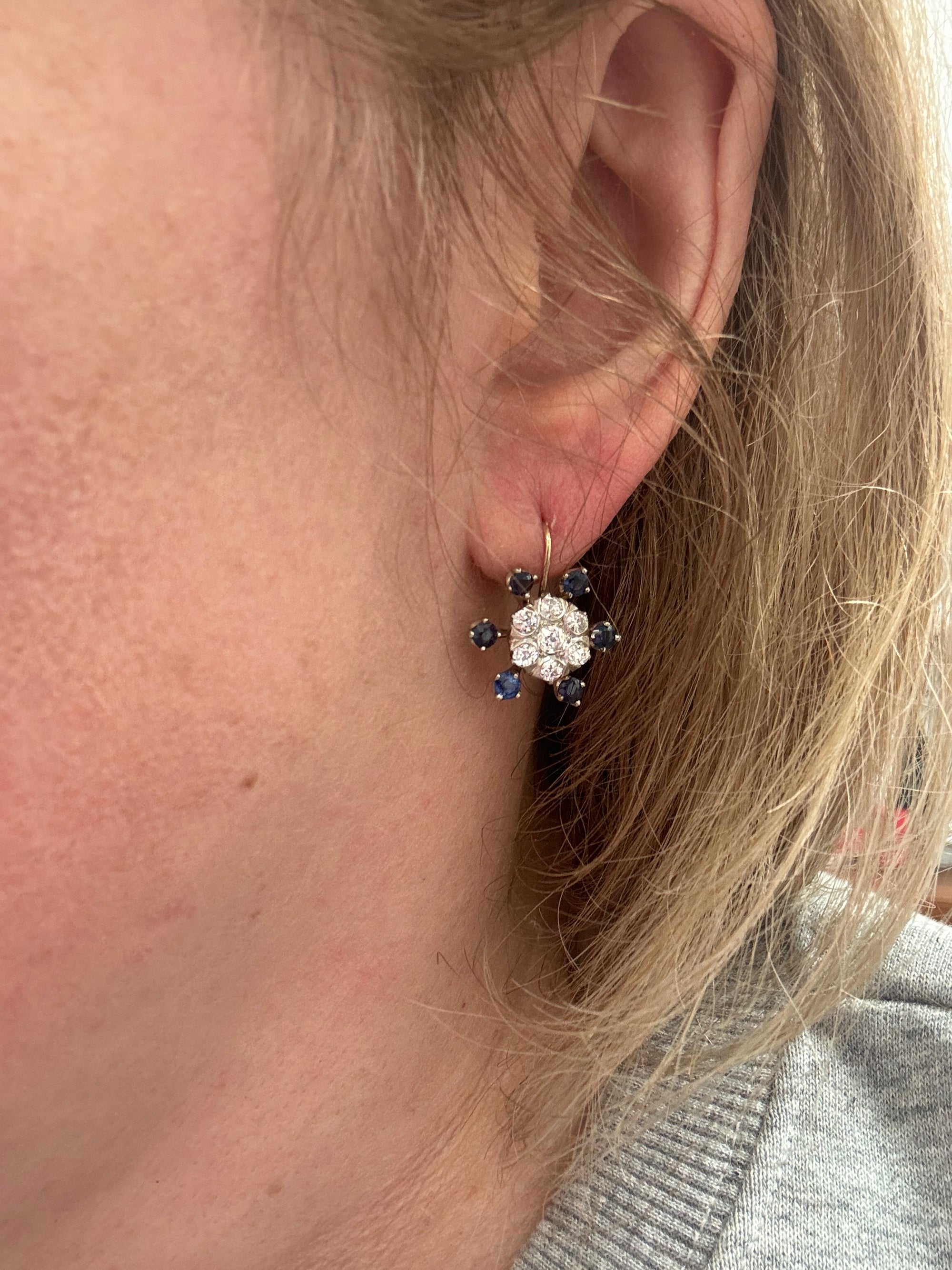Sparkling Old Mine Cut Diamond Cluster and Sapphire Earrings in 14k