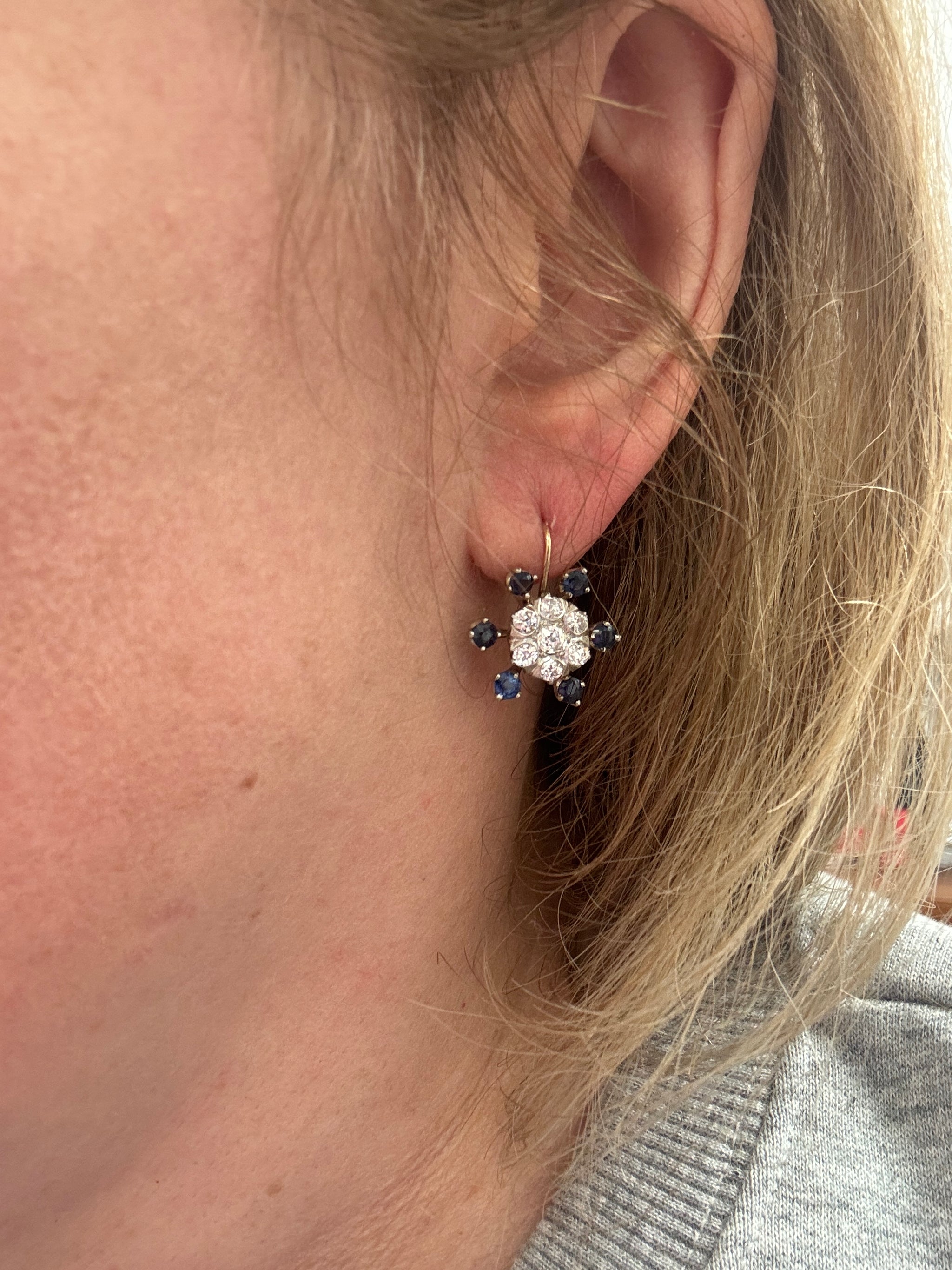 Sparkling Old Mine Cut Diamond Cluster and Sapphire Earrings in 14k