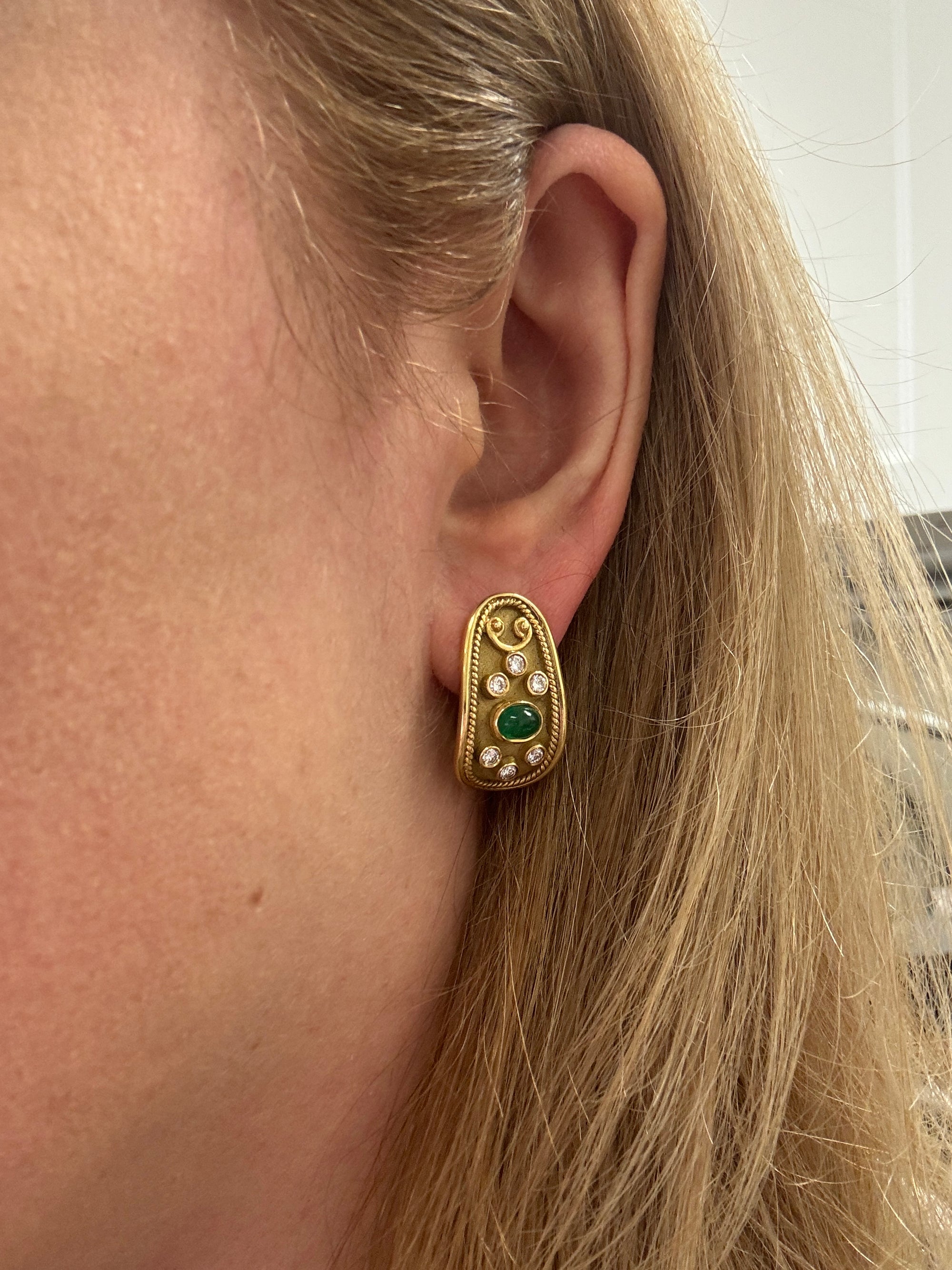 Etruscan Revival Bezel Set Emerald and Diamond Earrings in 18k Yellow Gold