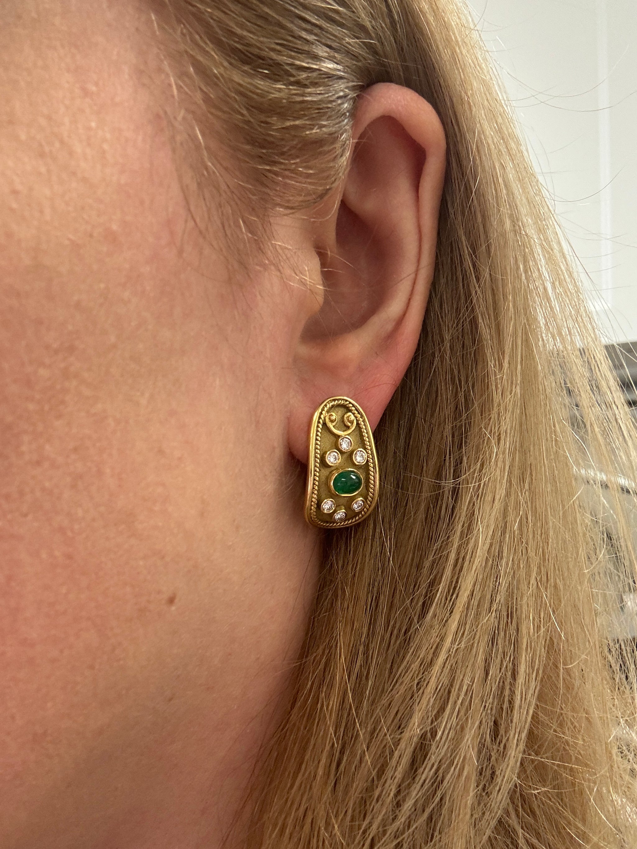 Etruscan Revival Bezel Set Emerald and Diamond Earrings in 18k Yellow Gold