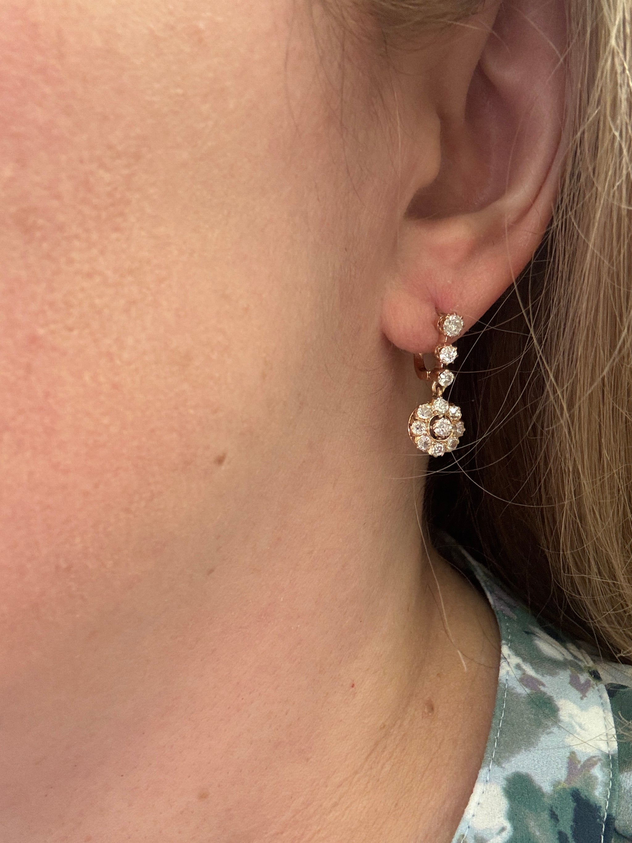 Sparkling Antique Victorian Old Cut Diamond Dangle Earrings in 14k Rose Gold