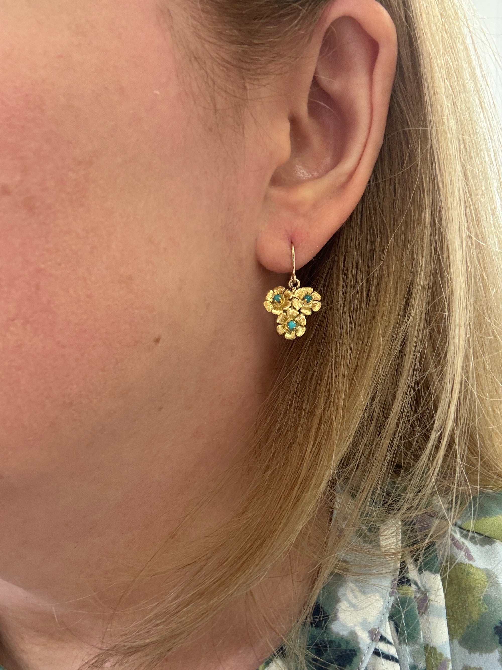 Antique Turquoise Floral Flower Trio Dangle Earrings in 18k Yellow Gold by Birks