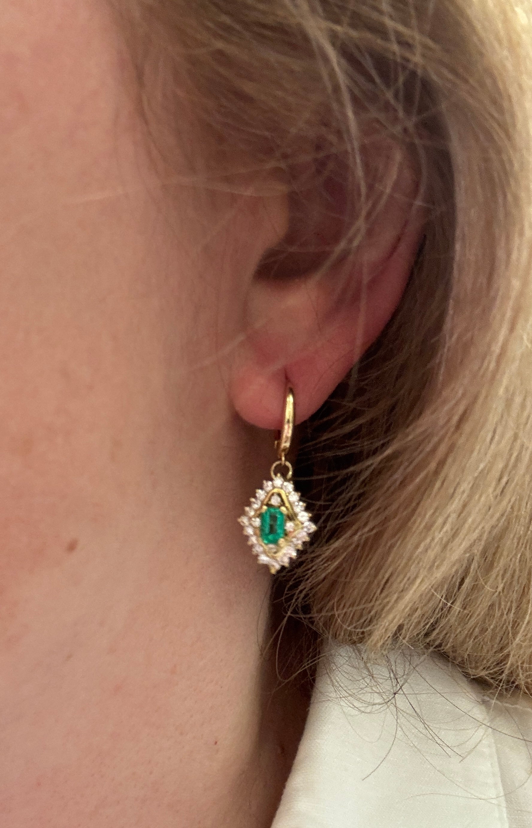 Gorgeous Green Emerald and Diamond Dangle Earrings in 18k Yellow Gold