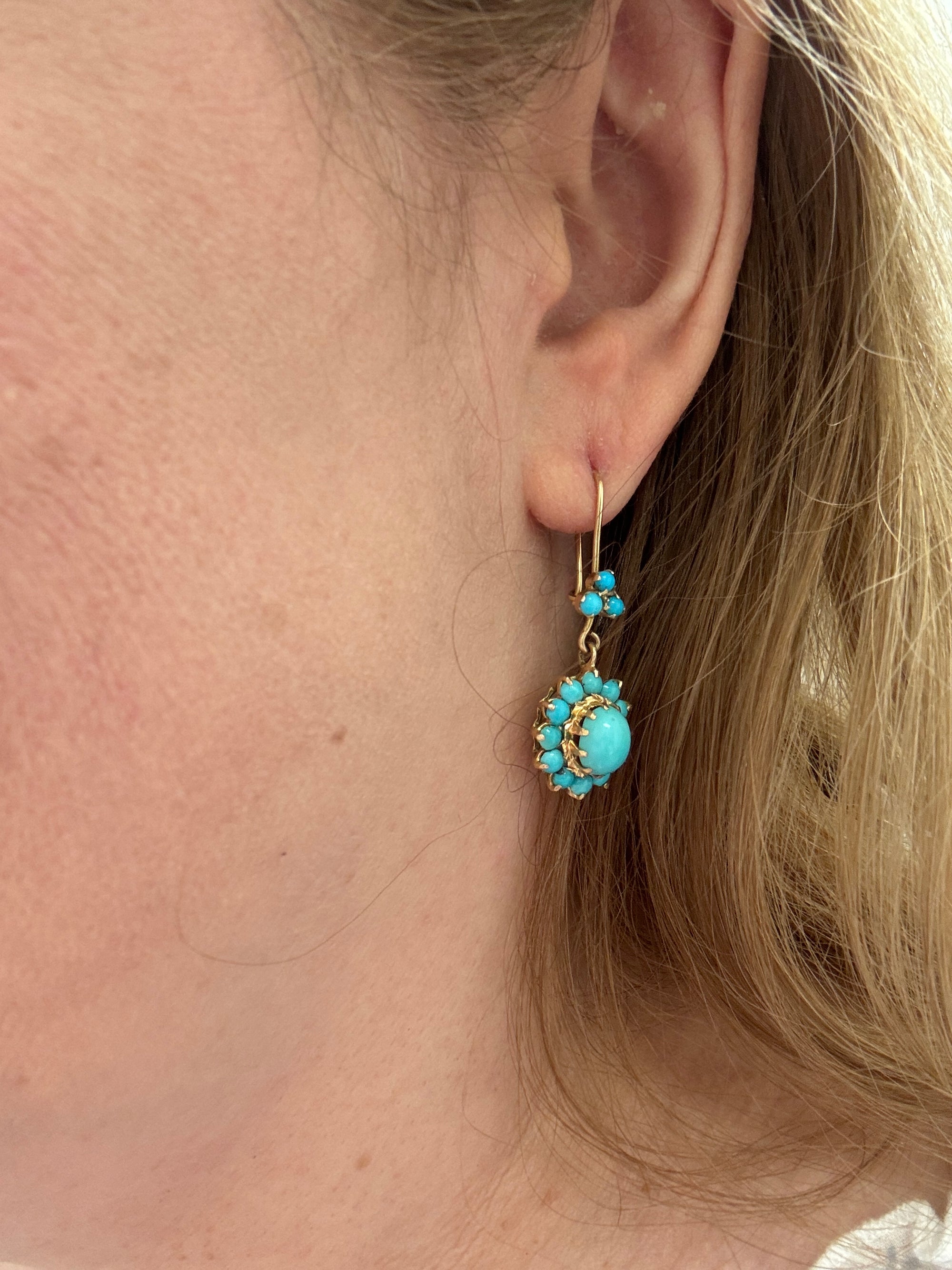 Antique Victorian Turquoise Dangle Earrings in 14k Yellow Gold