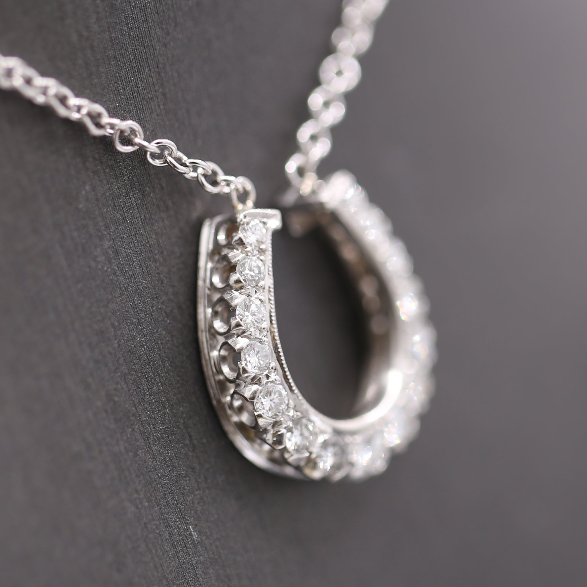 Stunning Diamond Horseshoe Pendant Necklace on 14k White Gold Chain