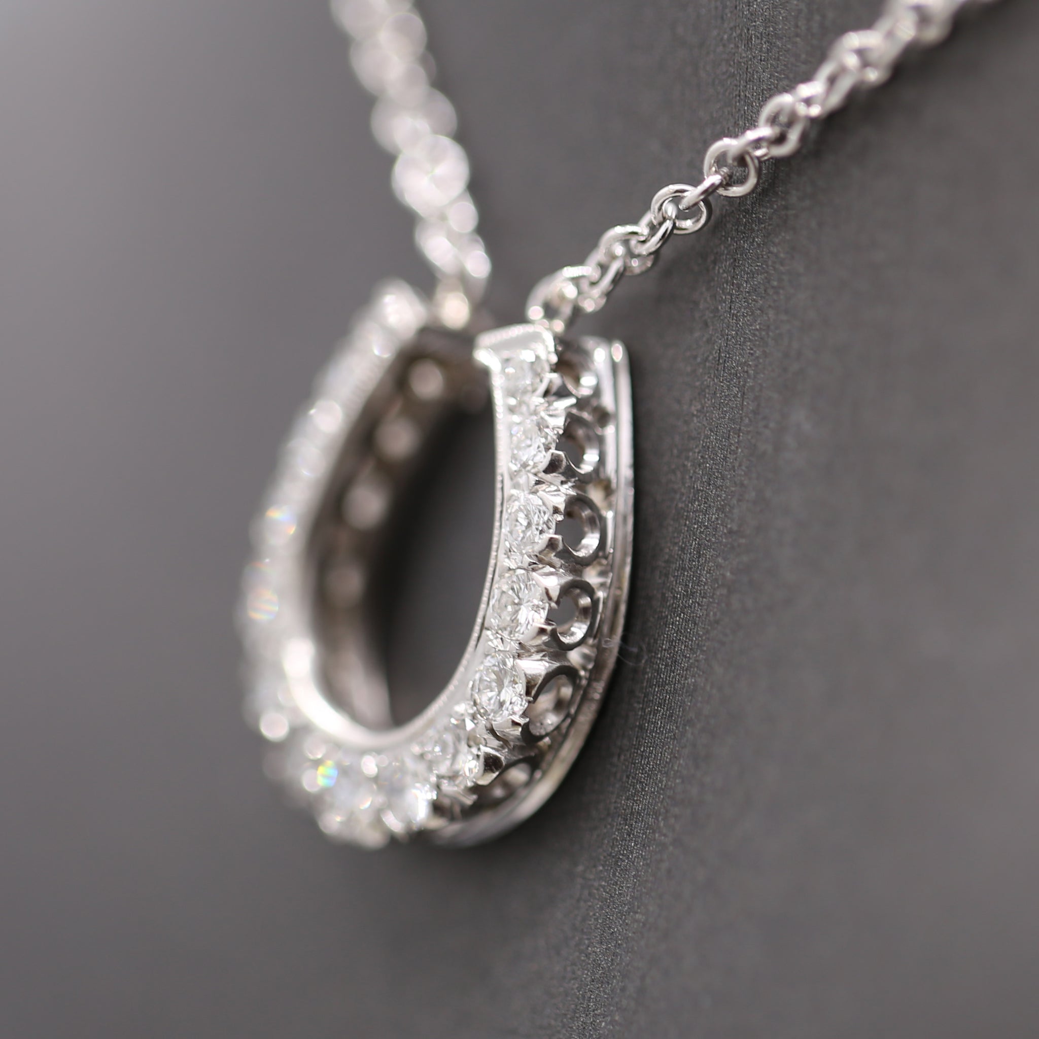 Stunning Diamond Horseshoe Pendant Necklace on 14k White Gold Chain
