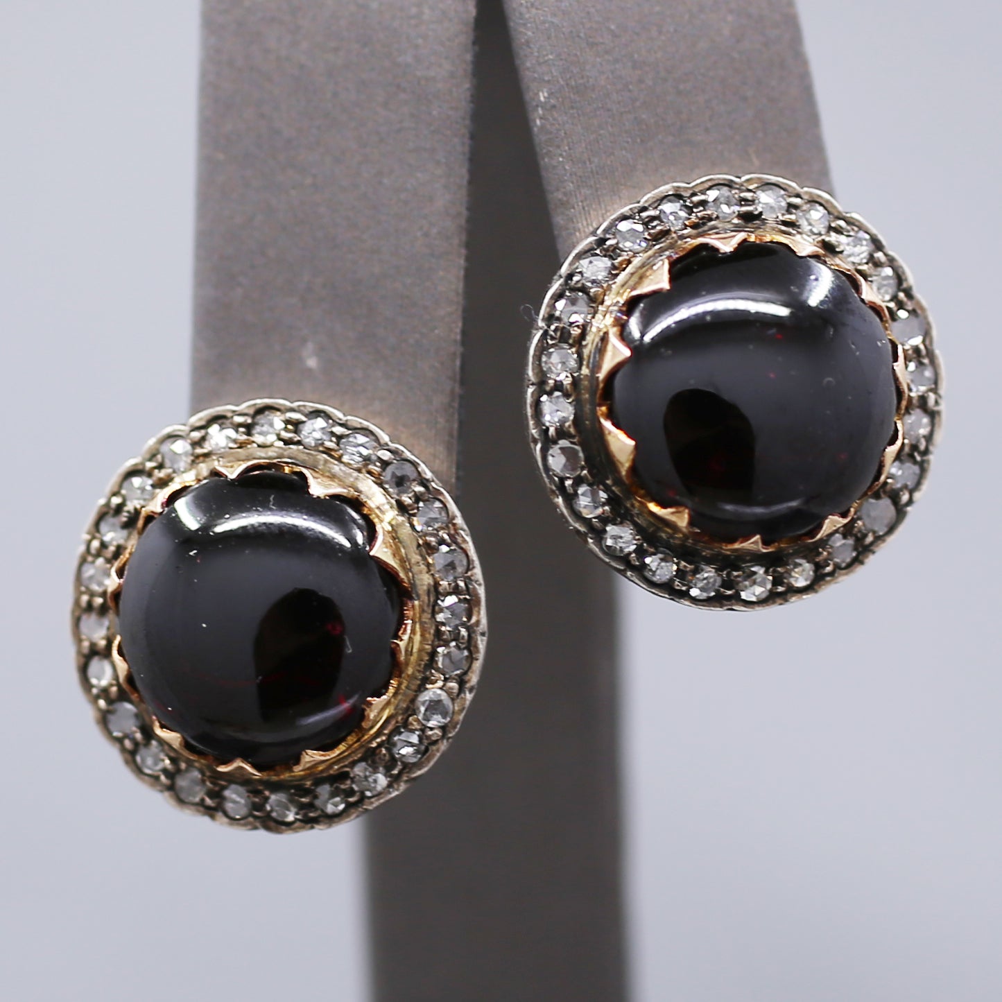 Victorian Garnet and Rose Cut Diamond 18k Rose Gold and Silver Stud Earrings