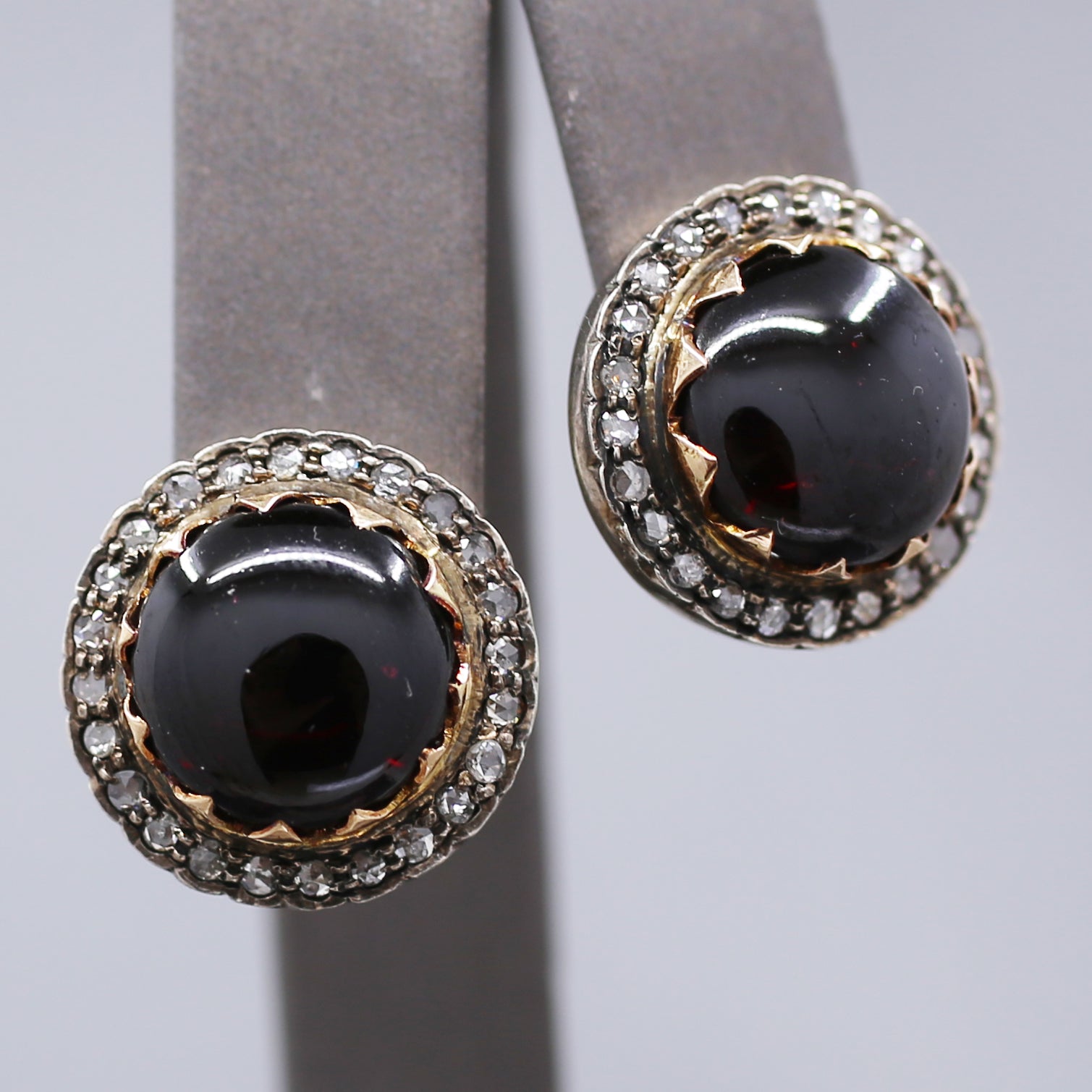 Victorian Garnet and Rose Cut Diamond 18k Rose Gold and Silver Stud Earrings