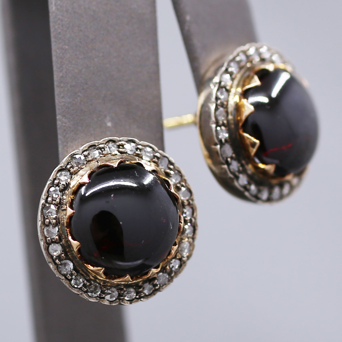 Victorian Garnet and Rose Cut Diamond 18k Rose Gold and Silver Stud Earrings