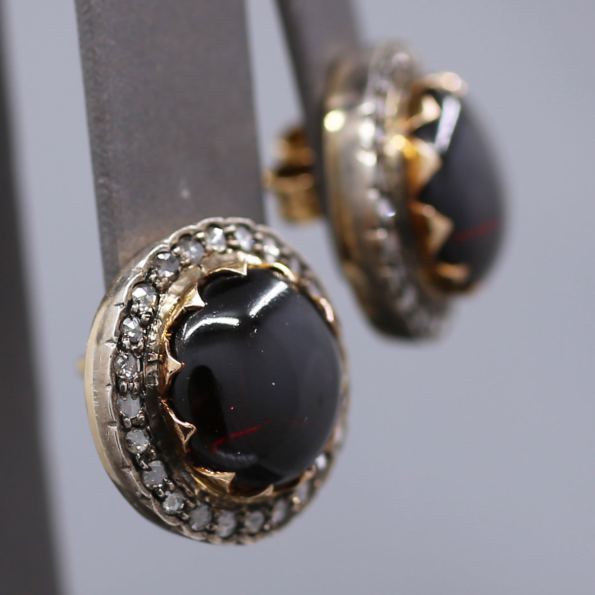 Victorian Garnet and Rose Cut Diamond 18k Rose Gold and Silver Stud Earrings