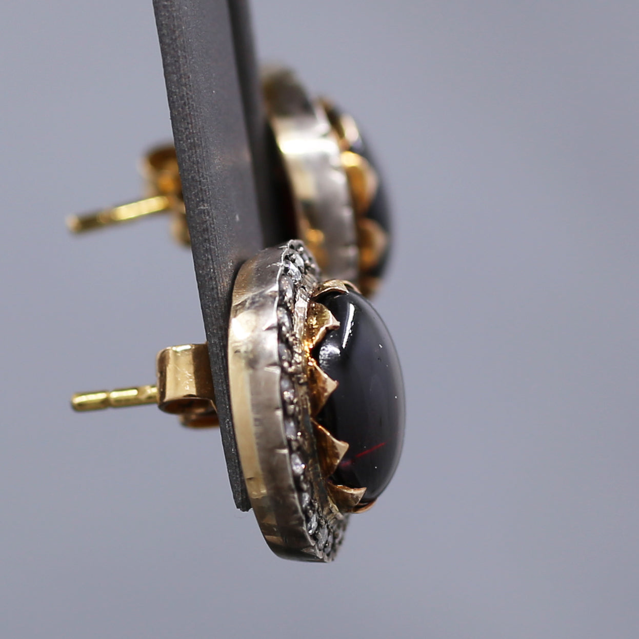 Victorian Garnet and Rose Cut Diamond 18k Rose Gold and Silver Stud Earrings
