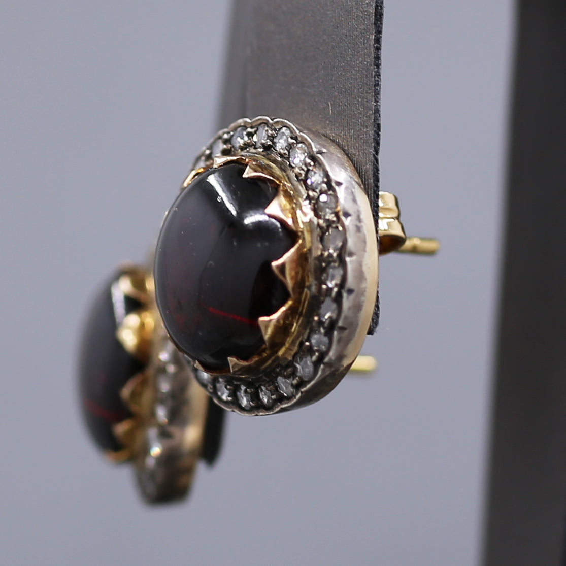 Victorian Garnet and Rose Cut Diamond 18k Rose Gold and Silver Stud Earrings