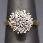 Vintage Old European Cut Diamond Daisy Cluster Ring in 14k White and Yellow Gold