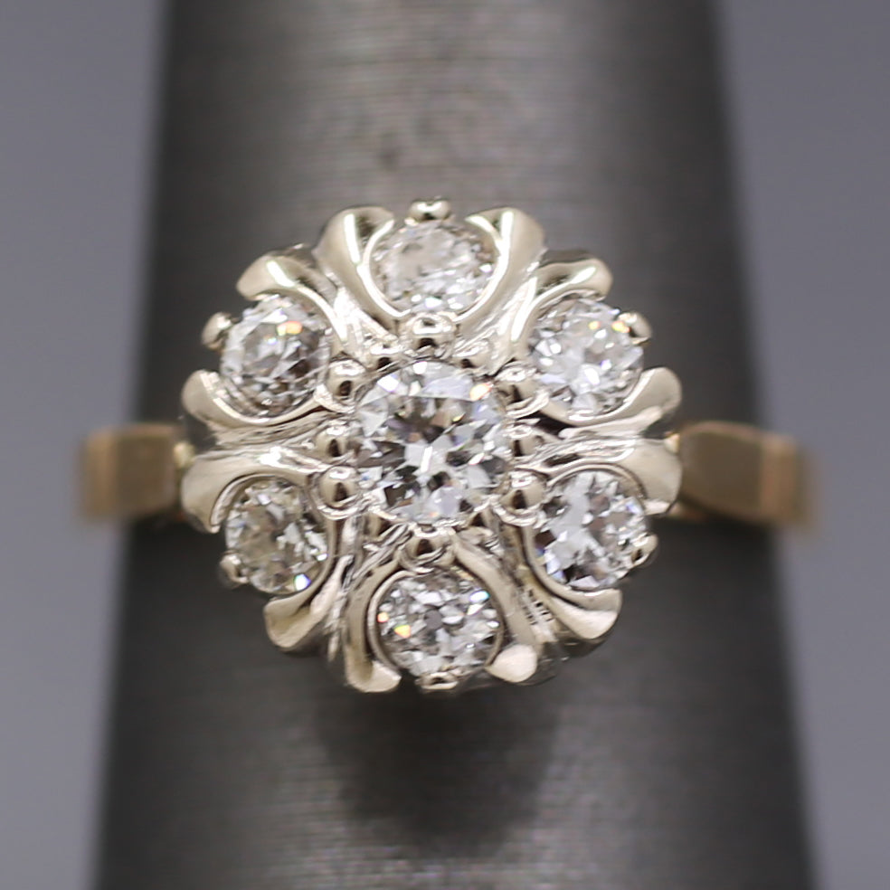 Vintage Old European Cut Diamond Daisy Cluster Ring in 14k White and Yellow Gold