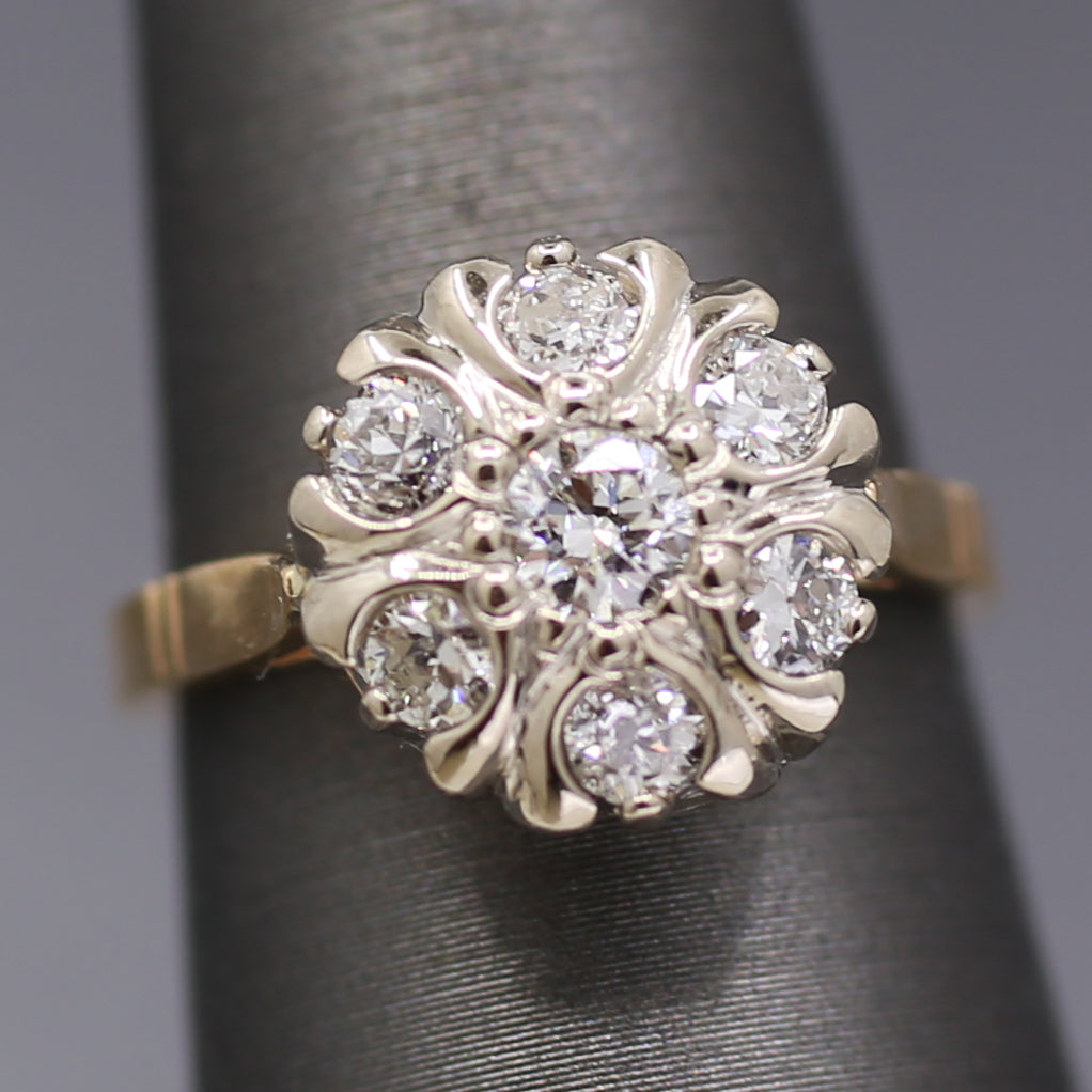 Vintage Old European Cut Diamond Daisy Cluster Ring in 14k White and Yellow Gold