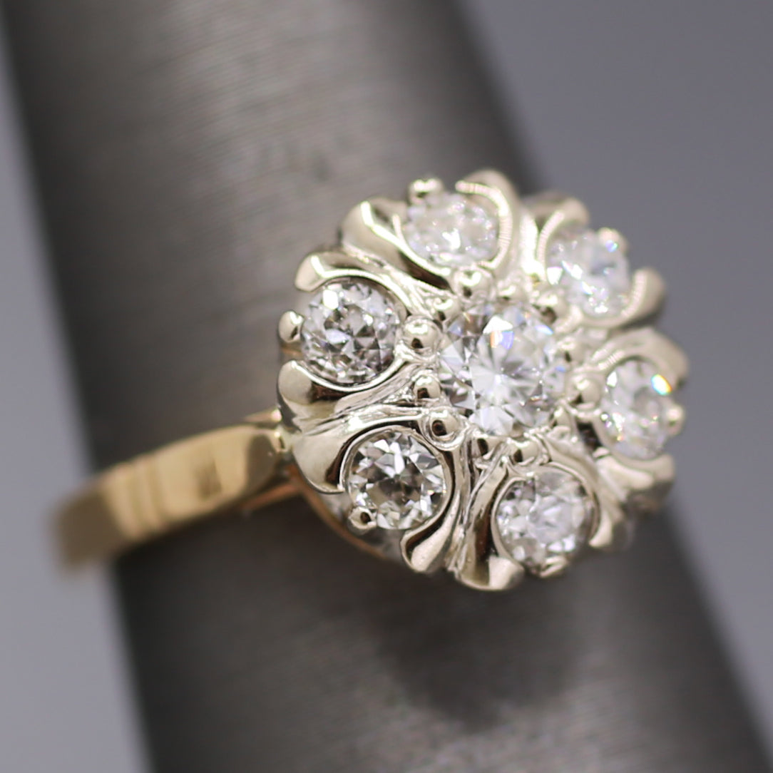 Vintage Old European Cut Diamond Daisy Cluster Ring in 14k White and Yellow Gold