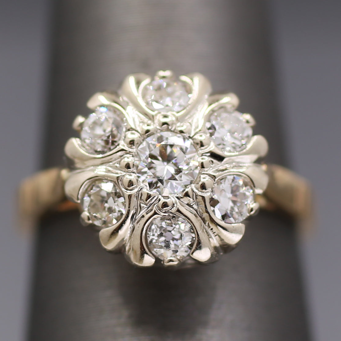 Vintage Old European Cut Diamond Daisy Cluster Ring in 14k White and Yellow Gold