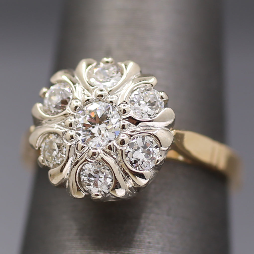 Vintage Old European Cut Diamond Daisy Cluster Ring in 14k White and Yellow Gold