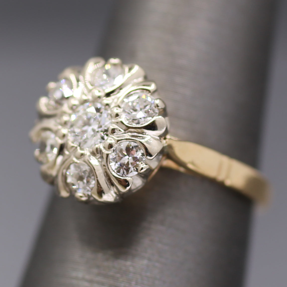 Vintage Old European Cut Diamond Daisy Cluster Ring in 14k White and Yellow Gold