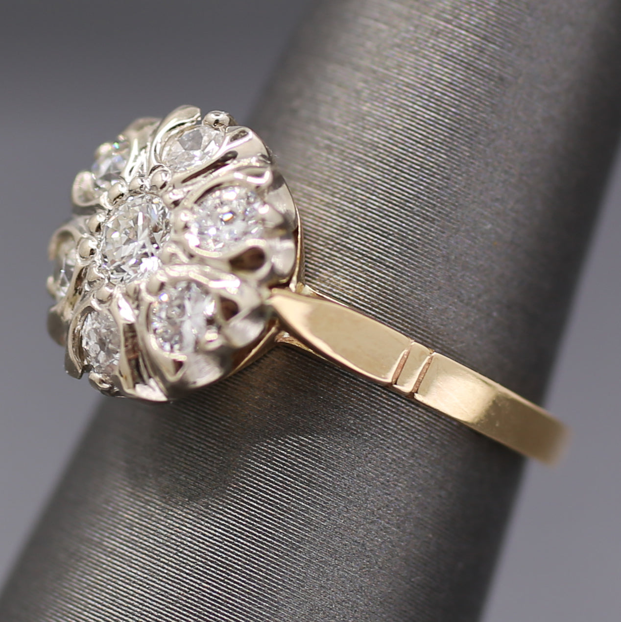 Vintage Old European Cut Diamond Daisy Cluster Ring in 14k White and Yellow Gold