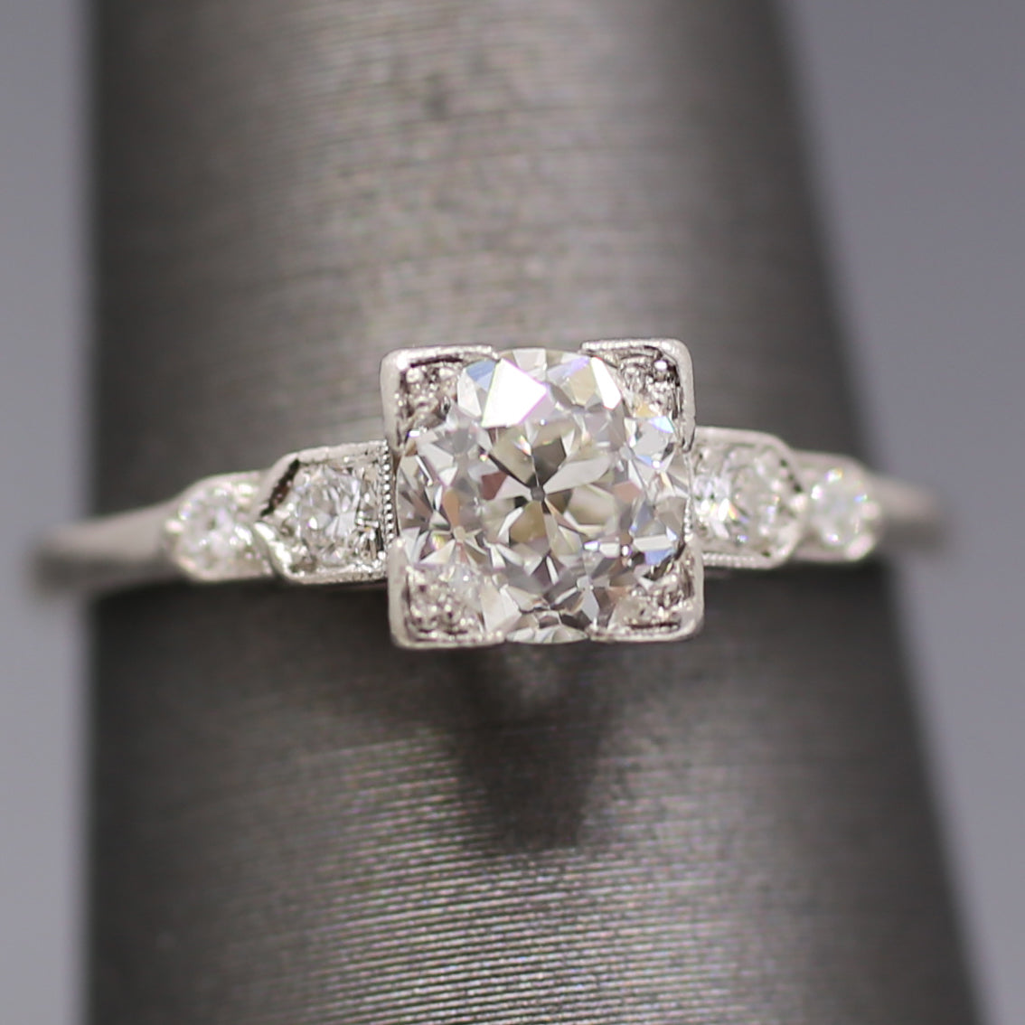 Art Deco Old European Cut Diamond Low Profile Engagement Ring in Platinum