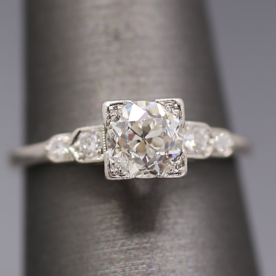 Art Deco Old European Cut Diamond Low Profile Engagement Ring in Platinum