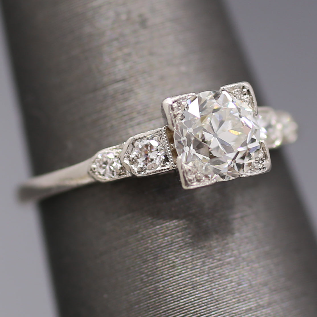 Art Deco Old European Cut Diamond Low Profile Engagement Ring in Platinum