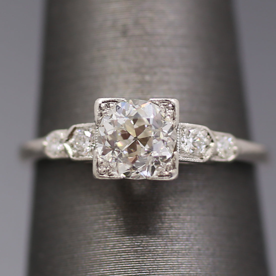 Art Deco Old European Cut Diamond Low Profile Engagement Ring in Platinum