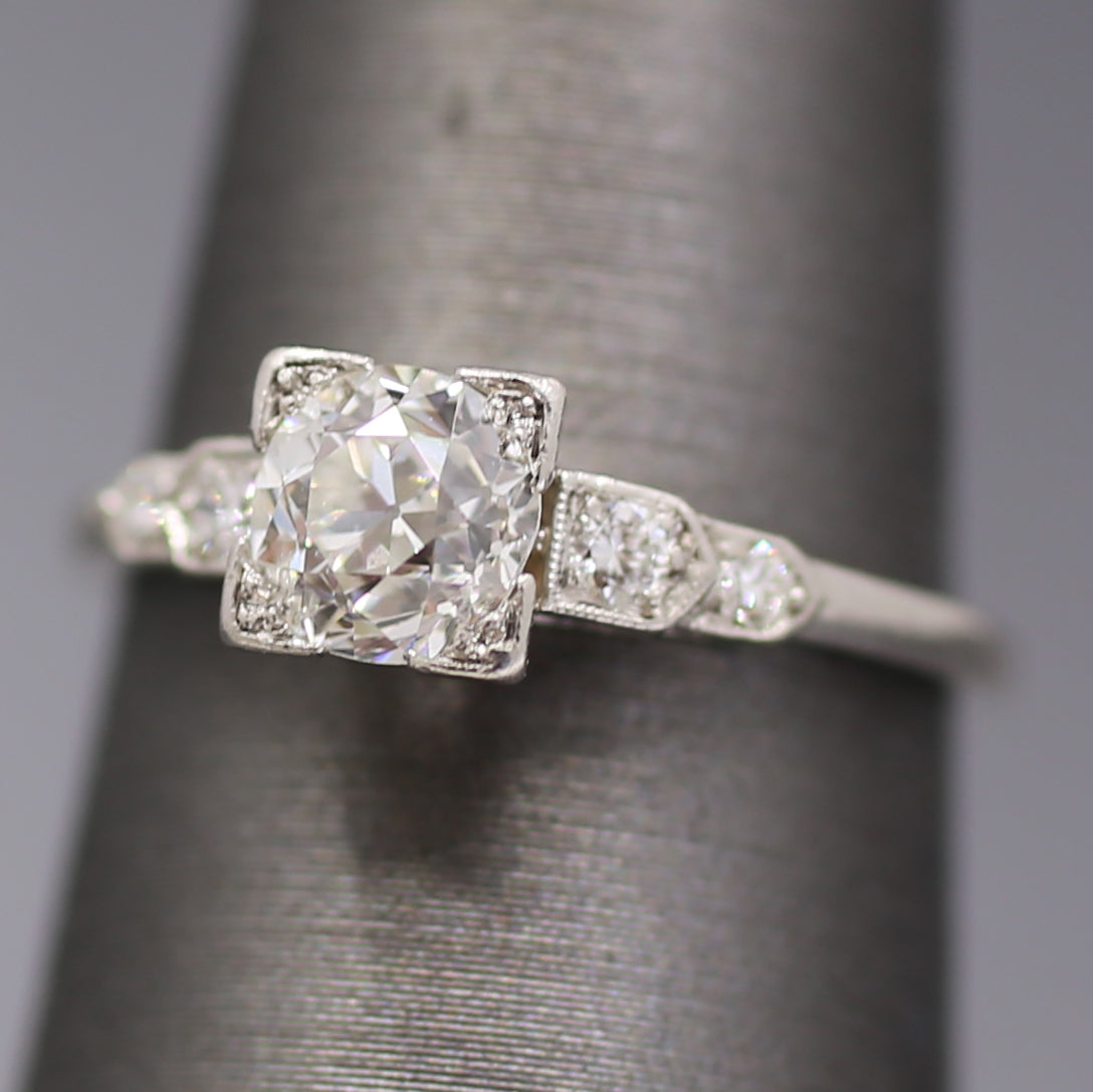 Art Deco Old European Cut Diamond Low Profile Engagement Ring in Platinum