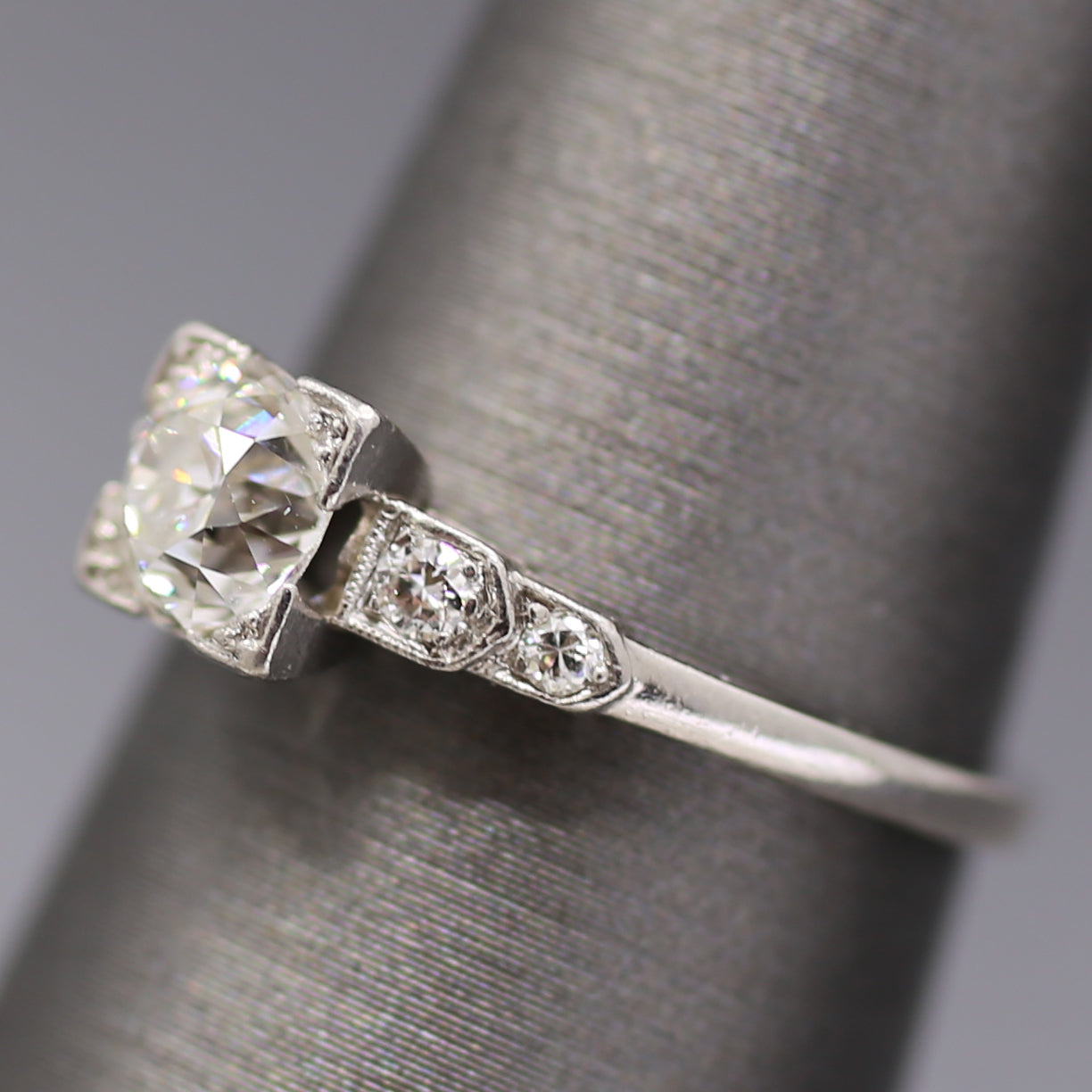 Art Deco Old European Cut Diamond Low Profile Engagement Ring in Platinum