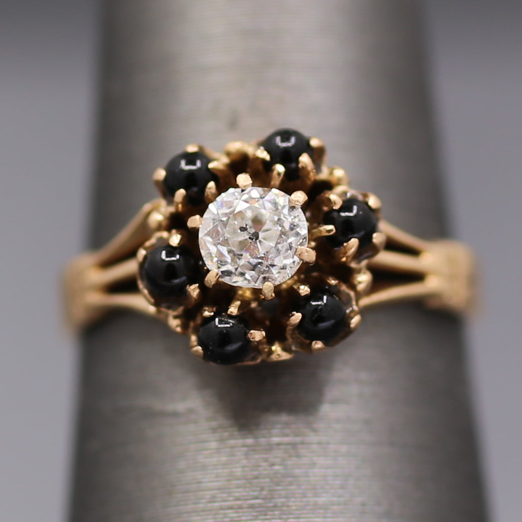 Victorian Old Mine Cut Diamond and Garnet Flower Engagement Ring in 14k Rose Gold