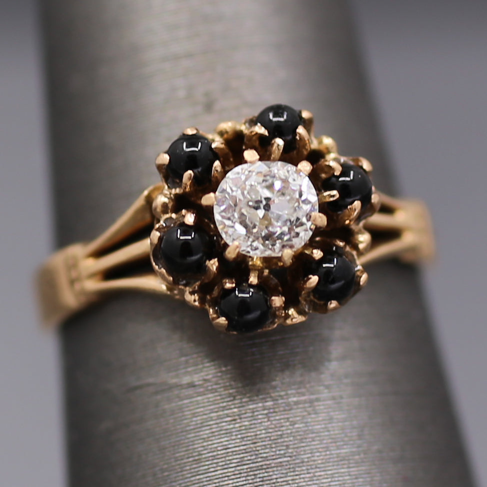 Victorian Old Mine Cut Diamond and Garnet Flower Engagement Ring in 14k Rose Gold