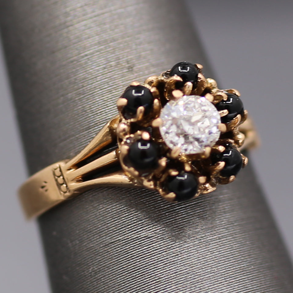 Victorian Old Mine Cut Diamond and Garnet Flower Engagement Ring in 14k Rose Gold