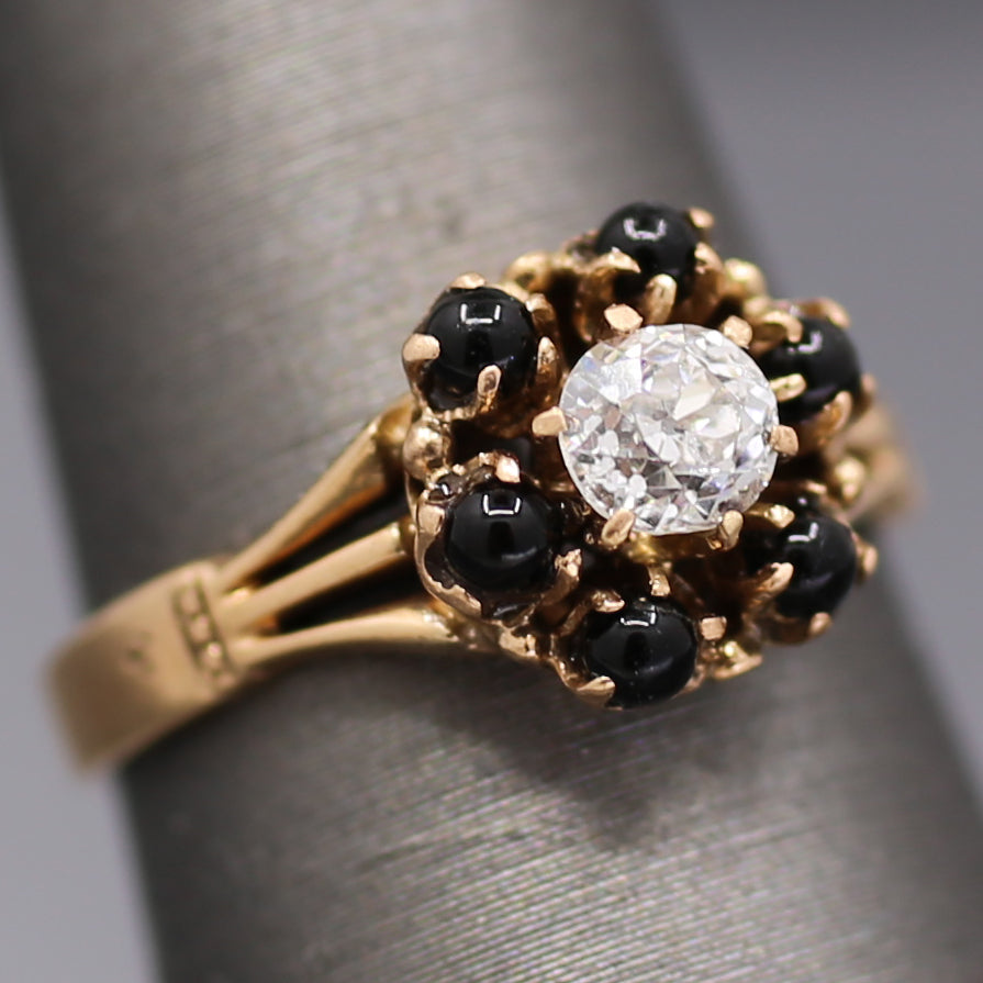 Victorian Old Mine Cut Diamond and Garnet Flower Engagement Ring in 14k Rose Gold